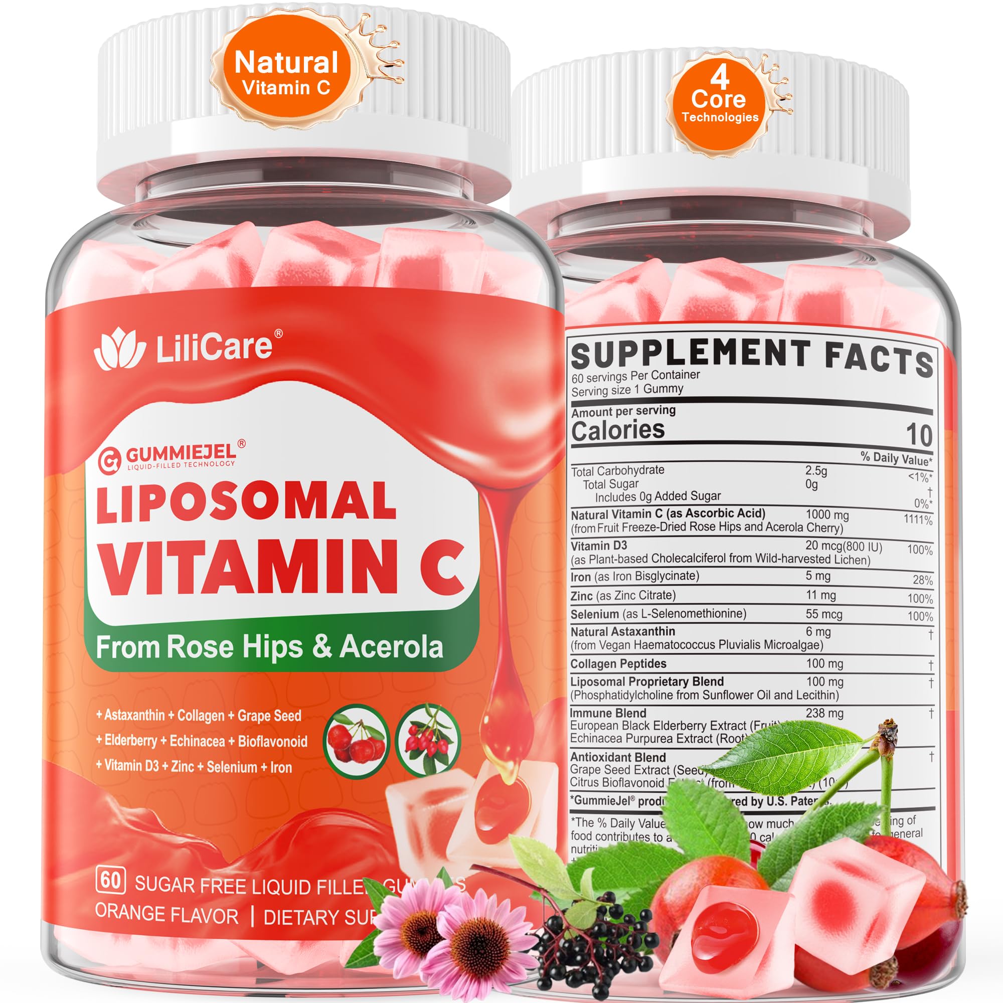 Natural Liposomal Vitamin C 1000mg Gummies for Adults & Kids 9+, Chewable 60 Count (Pack of 1)