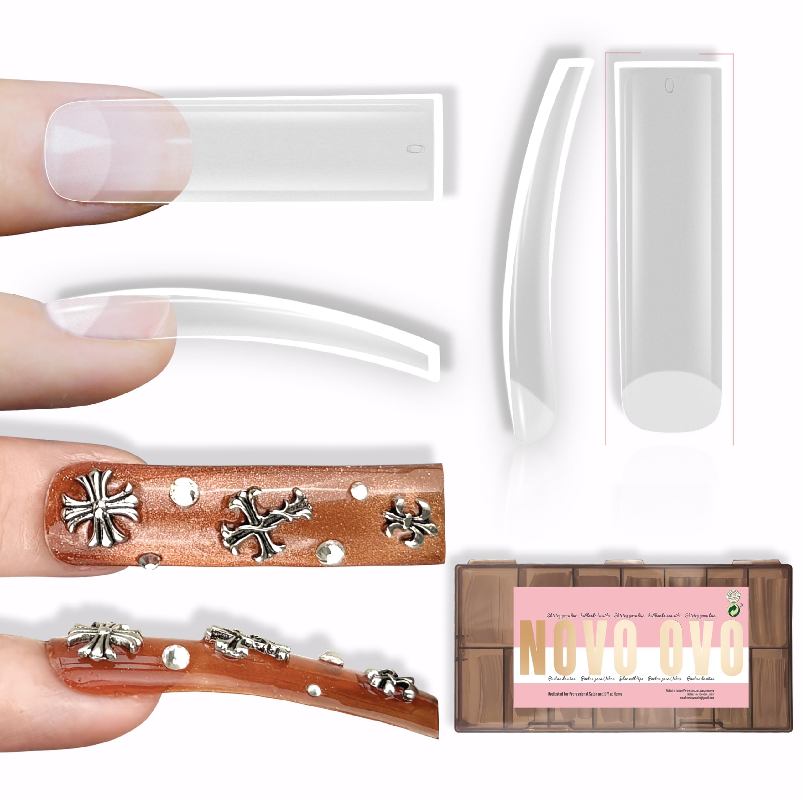 NOVO OVO Halloween XXL Shape Square Slight Curved Nail Tips No C Curve, Extra Thick Natural Curve Clear False Nails Press on