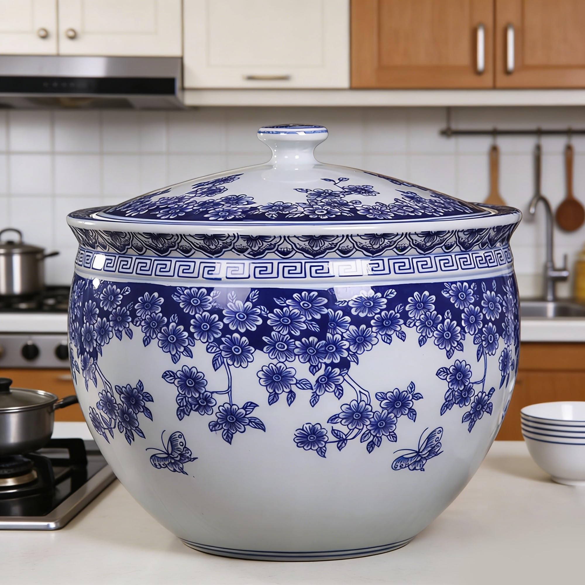MMleYN 5/10KG Ceramic Rice Bucket With Lid Airtight Grain Dispenser Multi-Purpose Storage Container For Rice Coffee Nuts Snacks Tea Kitchen(I,5kg)