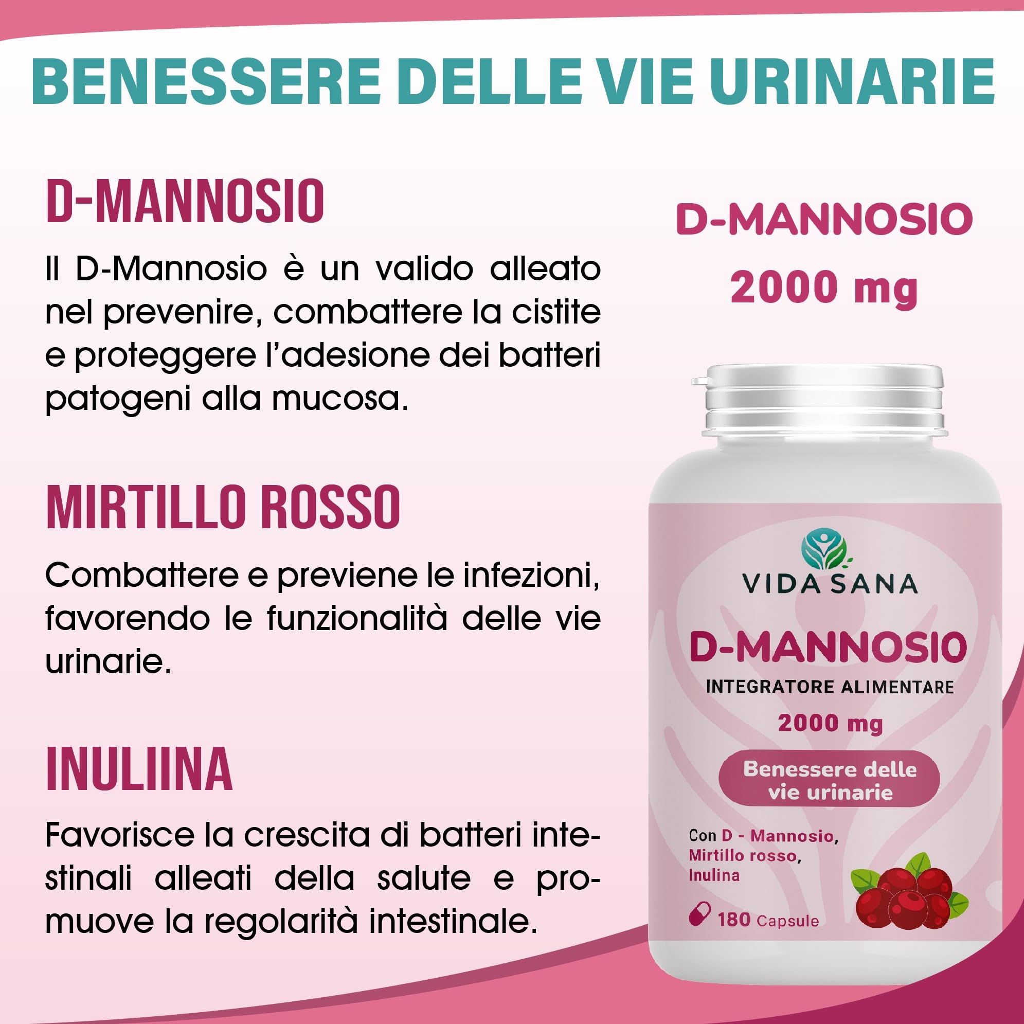 D-Mannosio Puro 2200 mg con Mirtillo Rosso – 180 Capsule | Integratore Donna e uomo per Vie Urinarie e Cistite | Supporto contro Candida e Infezioni Urinarie