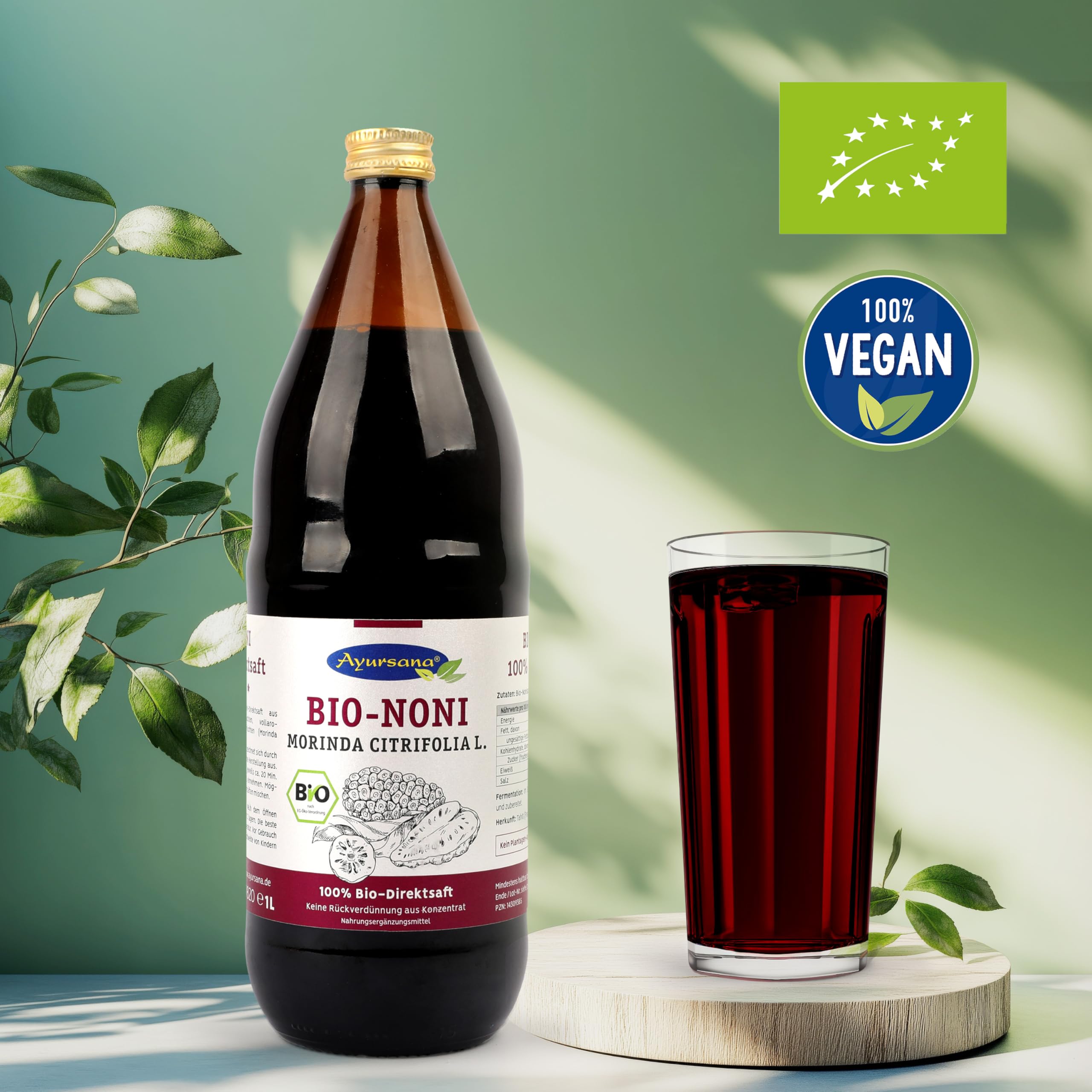 Ayursana Nonisaft 3x1 Liter, Bio-Qualität & 100% Direktsaft, purer Noni Saft abgefüllt und fermentiert im Ernteland Samoa, zum Beimischen für Bowls, Smoothies & Getränke