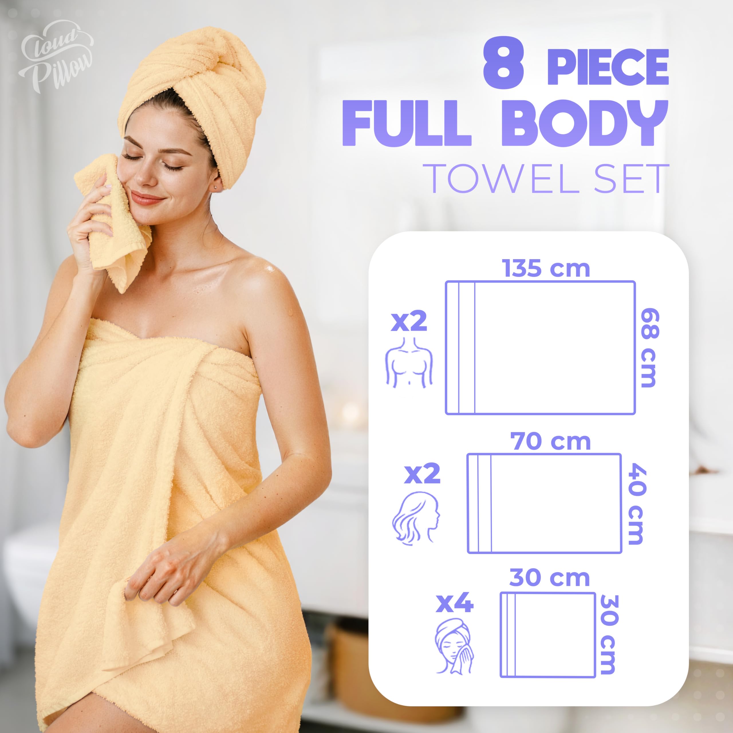 Cloud Pillow Juego de Toallas 8 Piezas – 100% Algodón – 2 Toallas de Baño 68x135cm, 2 Toallas 40x70cm y 4 Toallitas 30x30cm – Suaves, Muy Absorbentes y Duraderas