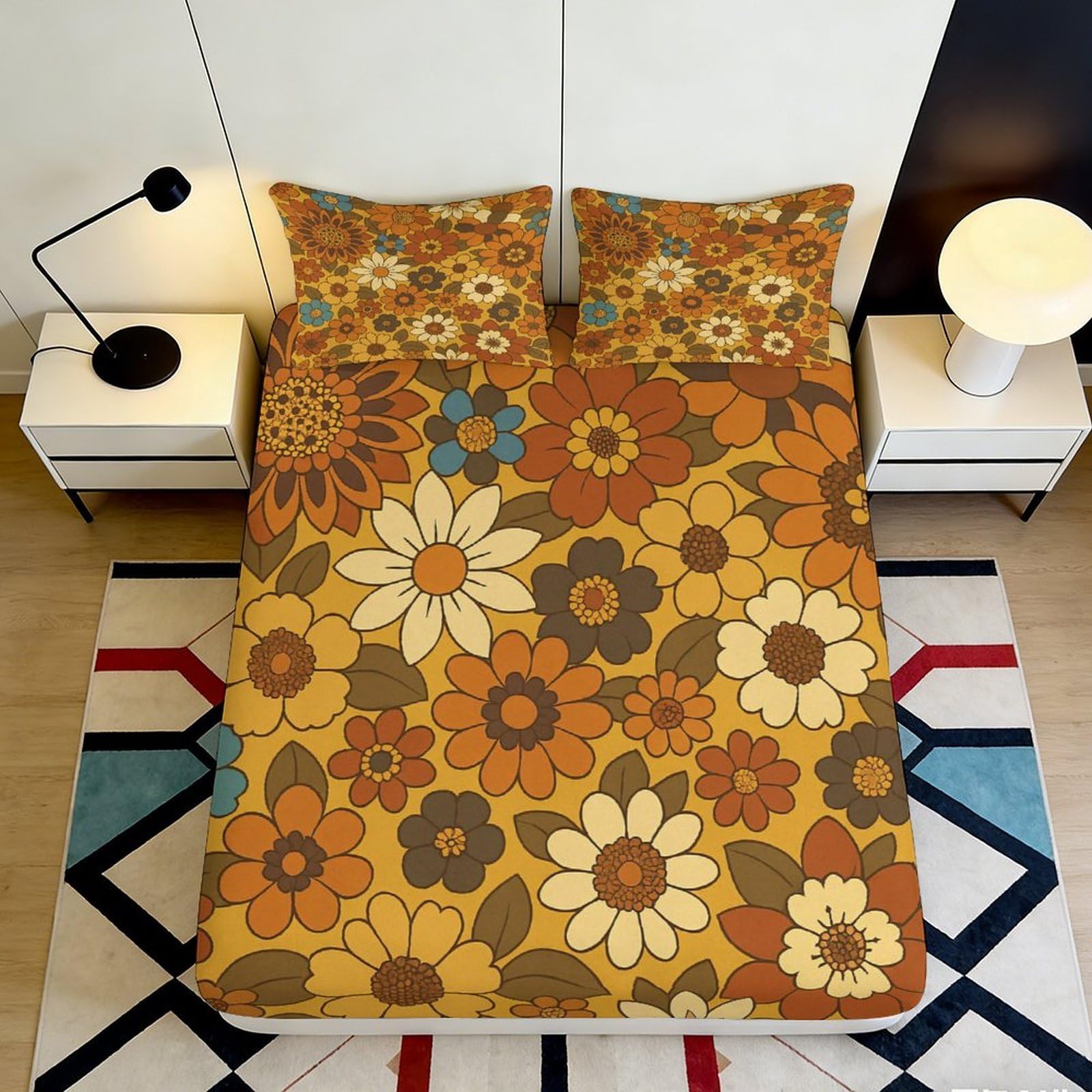 Pnayamiorkfel Style-10 3D Printed Retro Floral Fitted Sheet Microfiber Orange Yellow Daisy Bed Cover Non-Slip Easy Care For Bedroom Guest Room 90X200x25cm