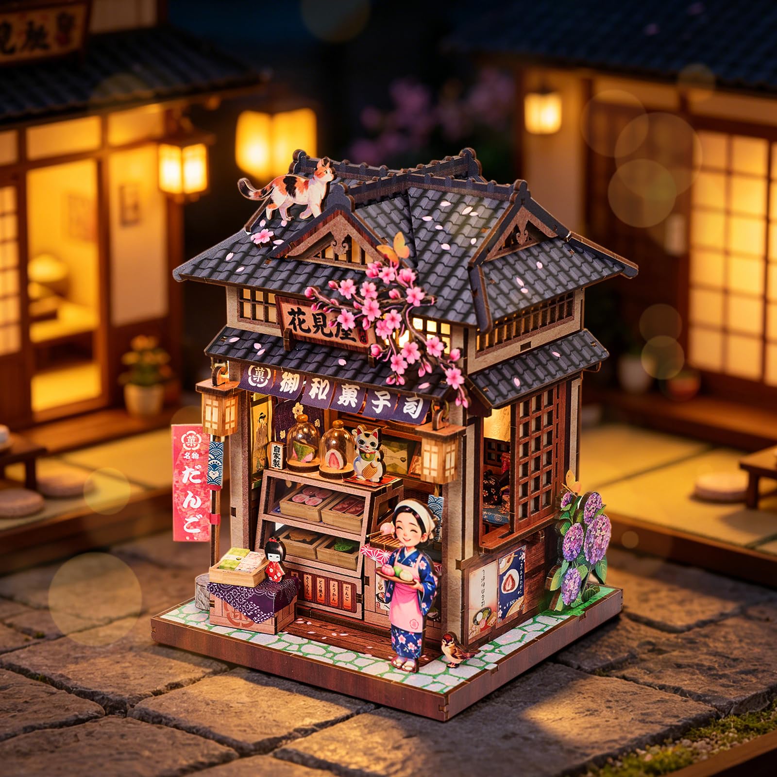 Hanamiya - Kit fai da te per casa delle bambole in miniatura, puzzle 3D in legno con luce LED, fiori di ciliegio e mobili, decorazione accogliente per la casa, hobby rilassante per adulti