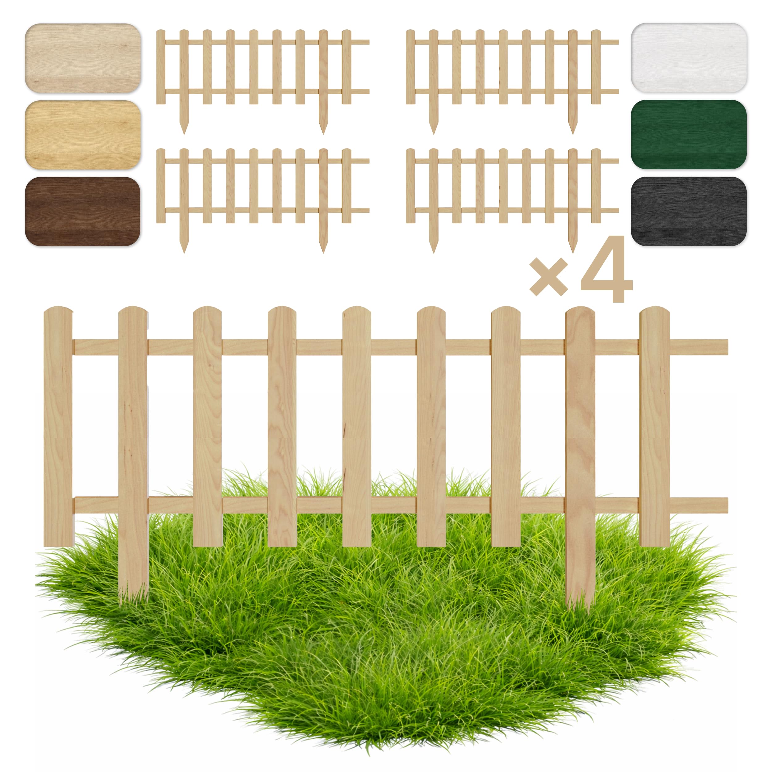 Floranica Set da 4 Staccionata in Legno per Giardino 40 cm x 100 cm Natur Recinzione decorativa da giardino Esterno Steccato in Legno di Pino impregnato Bordure per recinzioni
