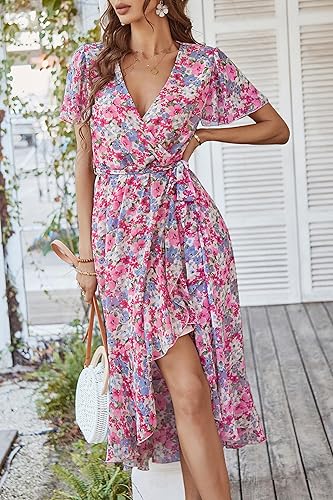 Miniatura 6 de PRETTYGARDEN - Vestido floral para mujer estilo bohemio, cruzado, con cuello en V, manga corta, con cinturón, dobladillo con volantes, acampanado