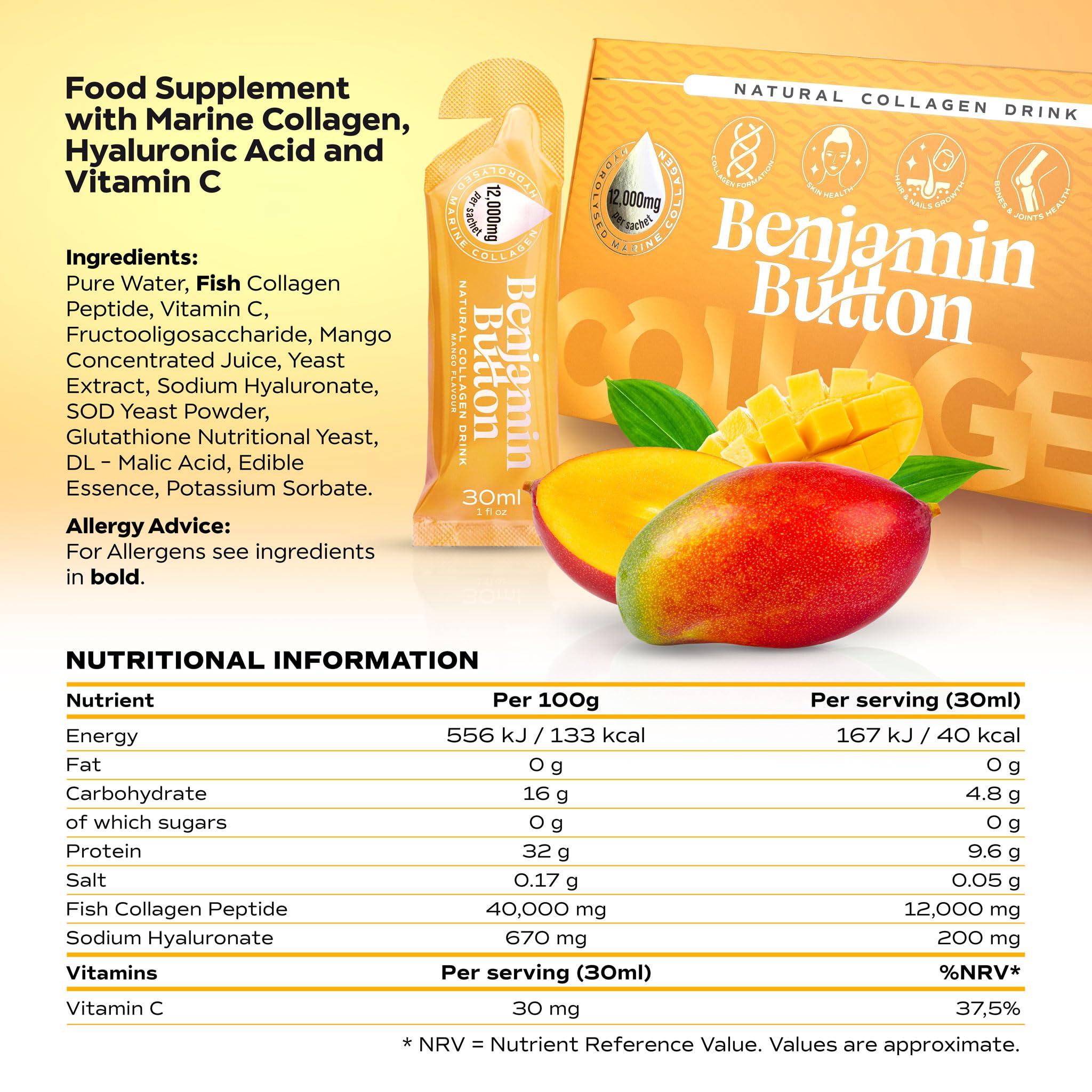 Benjamin Button 12,000mg Marine Collagen Liquid Shots| High Strength Hydrolyzed Marine Collagen Peptides w/Hyaluronic Acid & Vitamin C for Skin, Hair & Joints | Mango, 14 Daily Servings 30ml — Amazon image 9