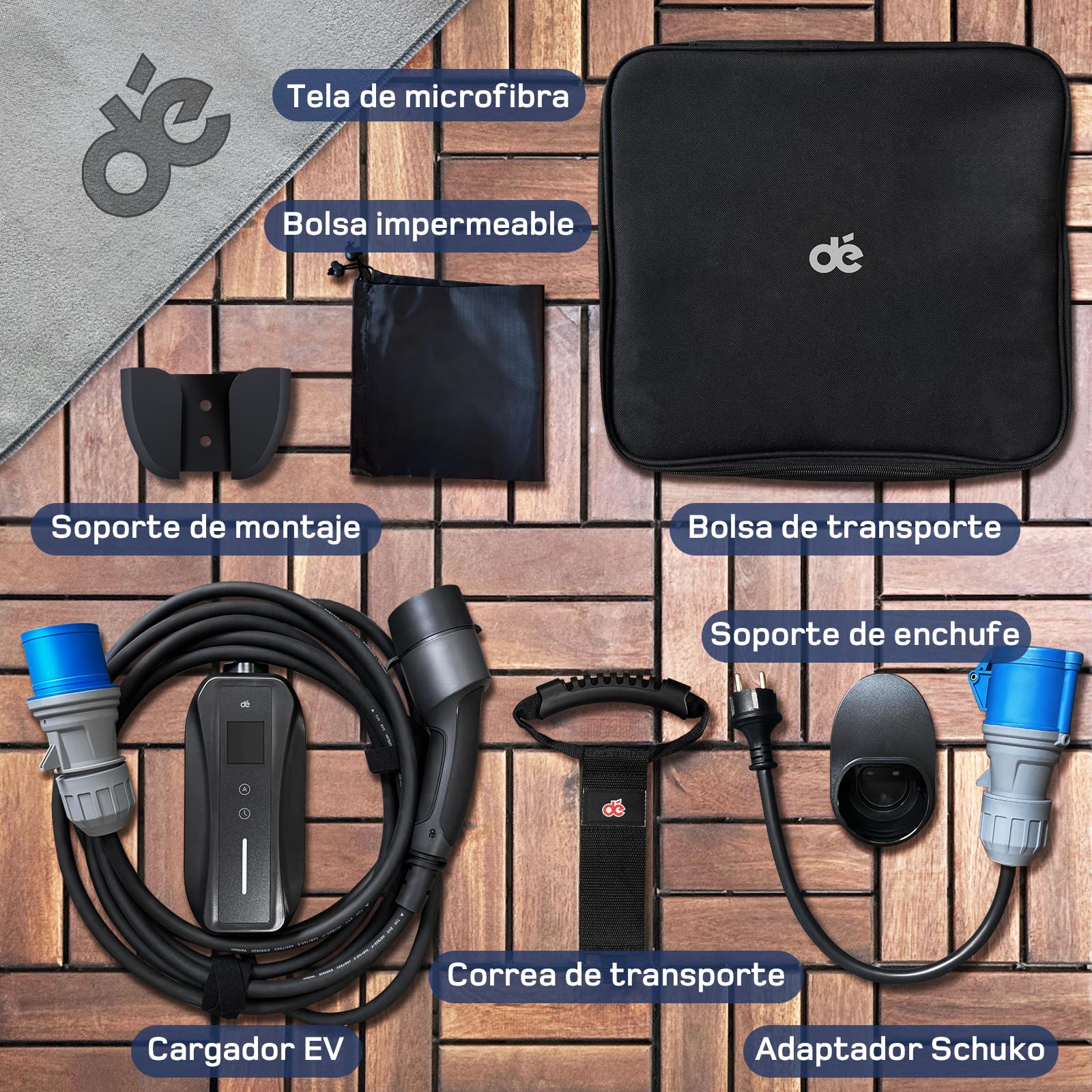 dé Cargador Coche Eléctrico 7,4kW, 32A[8m, 6-32A] con Potencia de Carga Ajustable, Estación de Carga para Model 3/Y, 500e, Spring y Otros EV/PHEV