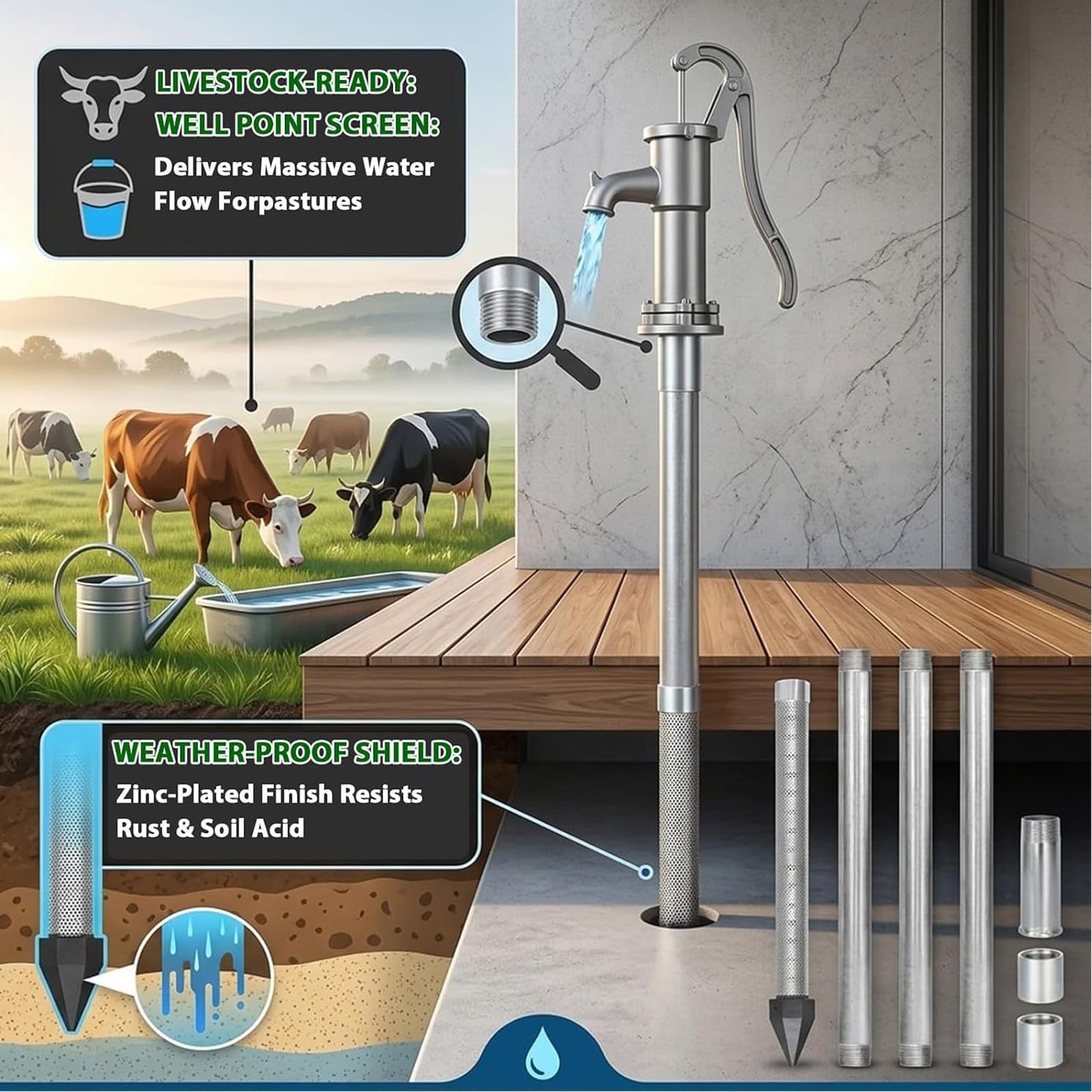 Kit Pozzo Artesiano 1-1/4 Pollici Inox, Risparmio Idrico per Giardino con Punta Filtrante e Tubi Zincati, Soluzione Estrazione Acqua Sotterranea Anti-Corrosione 3+1kit
