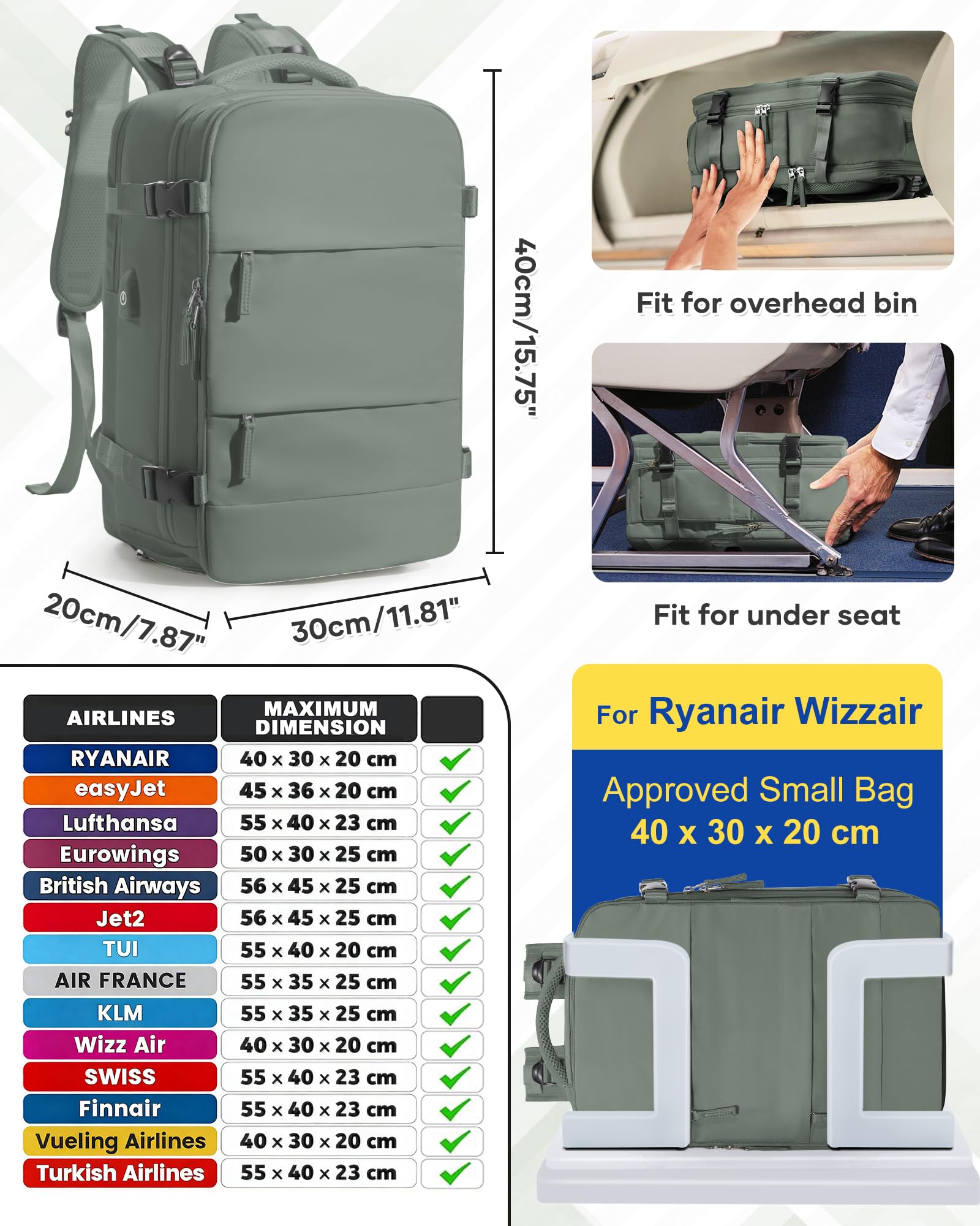 SZLX Zaino Ryanair 40x30x20 Sottovuoto Zaino da Viaggio 40x20x25 Ryanair Wizzair Donna da escursionismo impermeabile Zaino Casual Laptop da 14 Pollici con porta di ricarica USB Scomparto per Scarpe