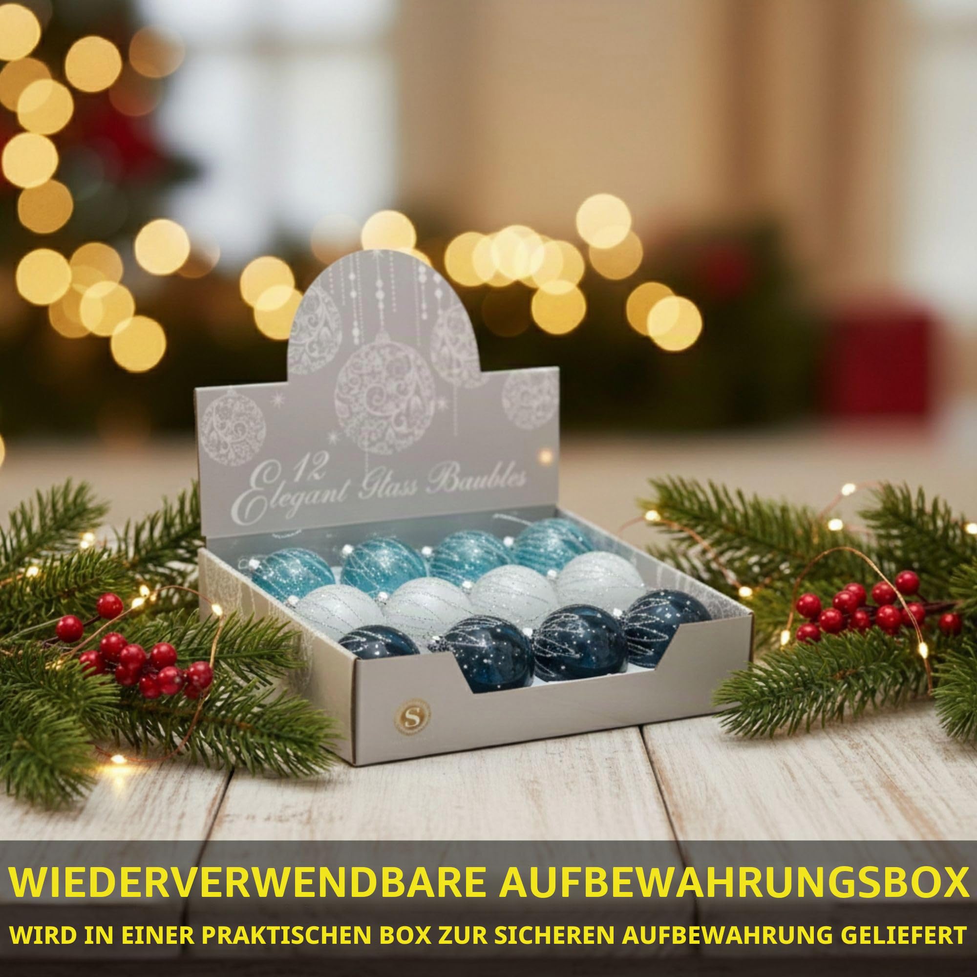 12 Stück/80 mm Glaskugeln, Weihnachtsbaumkugeln, hängende Ornamente, Verschiedene Designs, Weihnachtsbaumschmuck, Blau, Weiß