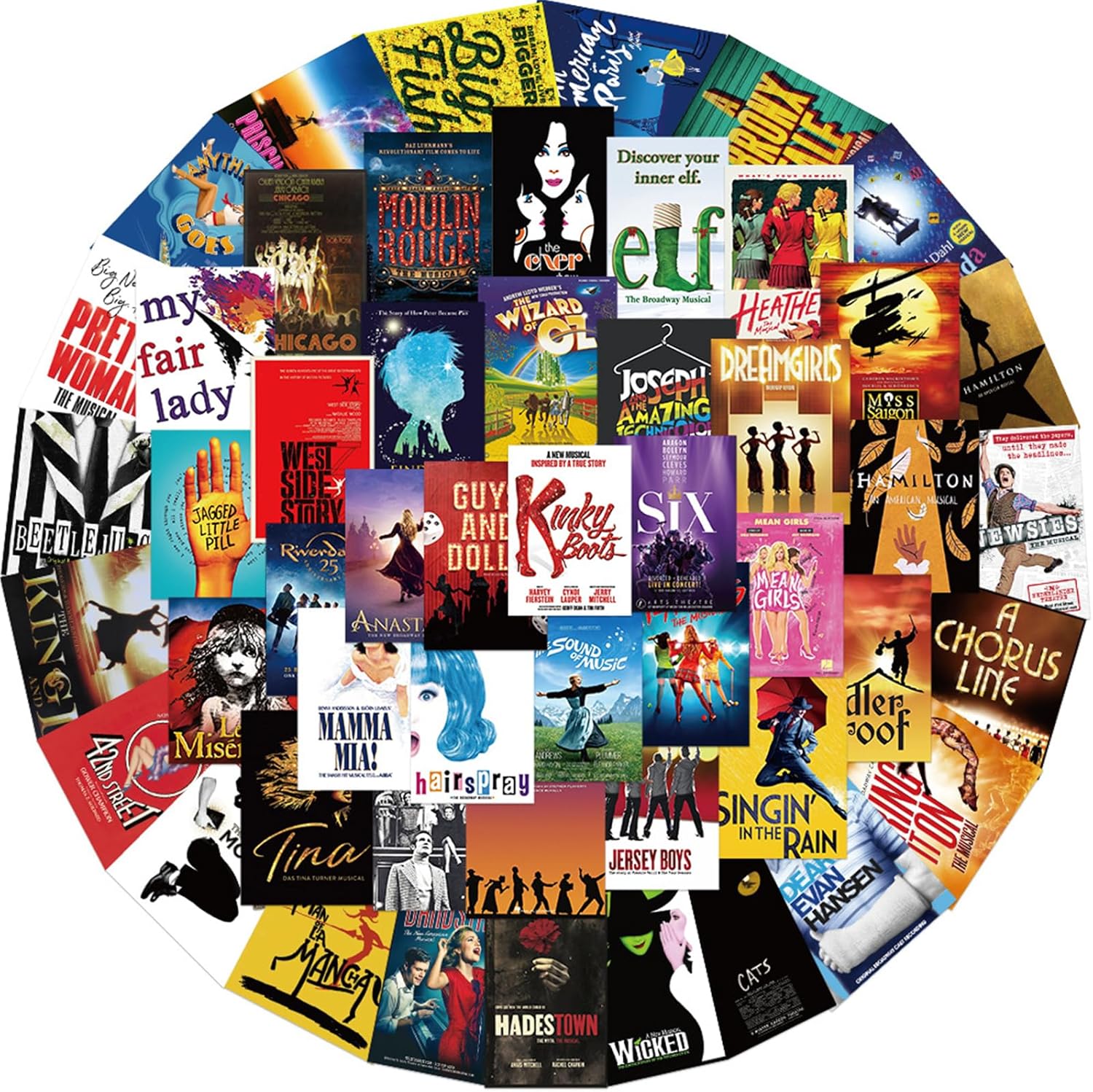 TWGOGOTIC 50PCs Pack Broadway Stickers,Classic Musical Stickers,Movie Posters Vinyl Waterproof Decals for Laptop,Journal,Water Bottle,Wall,Theater,Dorm Deal, Poster Set Stickers for Kids,Teens,Girls