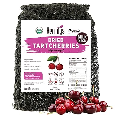 Berrilys Organic Unsweetened Pitted Dried Tart Cherries (5 lb) - No Sugar Added, Perfect for Baking, Snacking & Salads - Unsweetened Dried Fruit - Non-GMO, Vegan Dried Cherries for Healthy Living