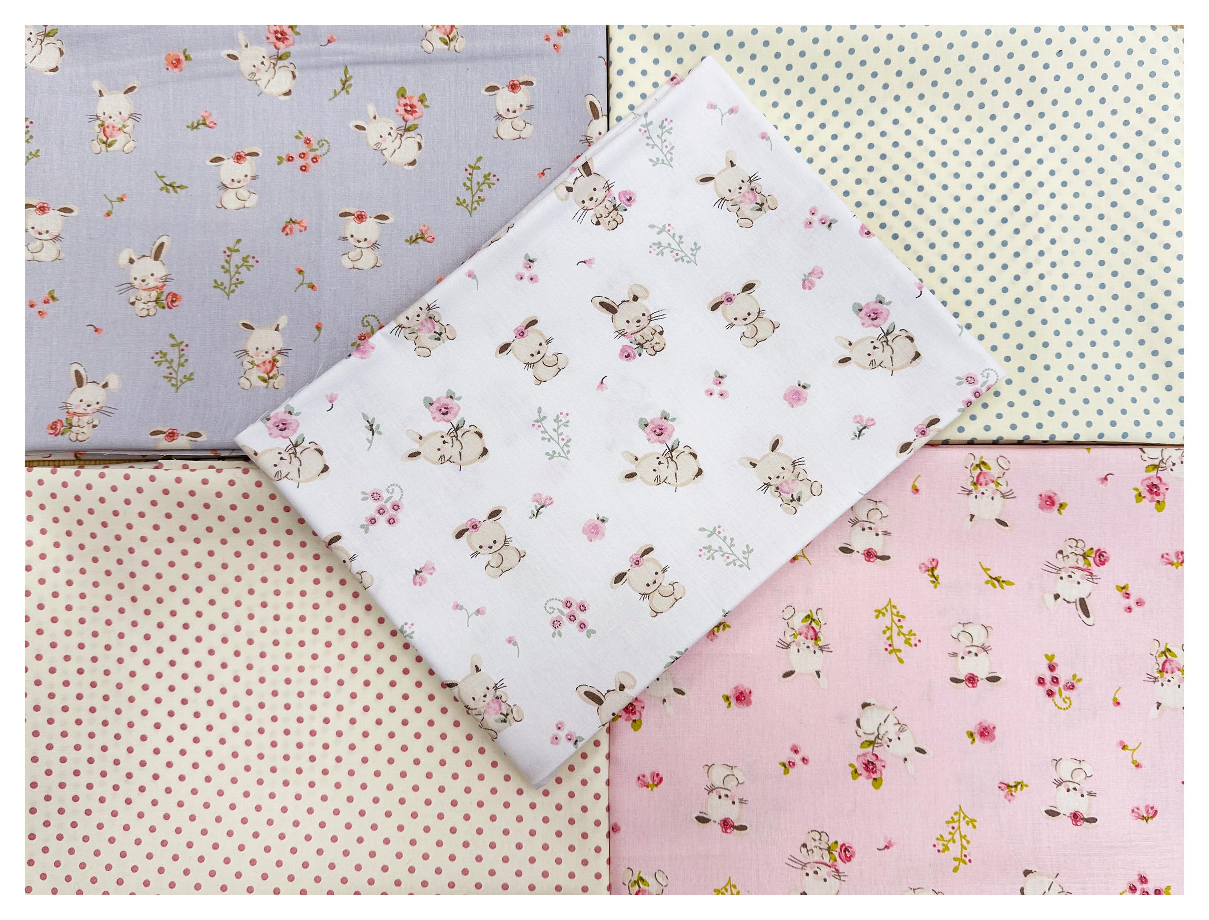 Fat Quarter Bundle - Cute Baby Bunny Rabbit & Spots Mix - Nursery Bunting Craft Fabric