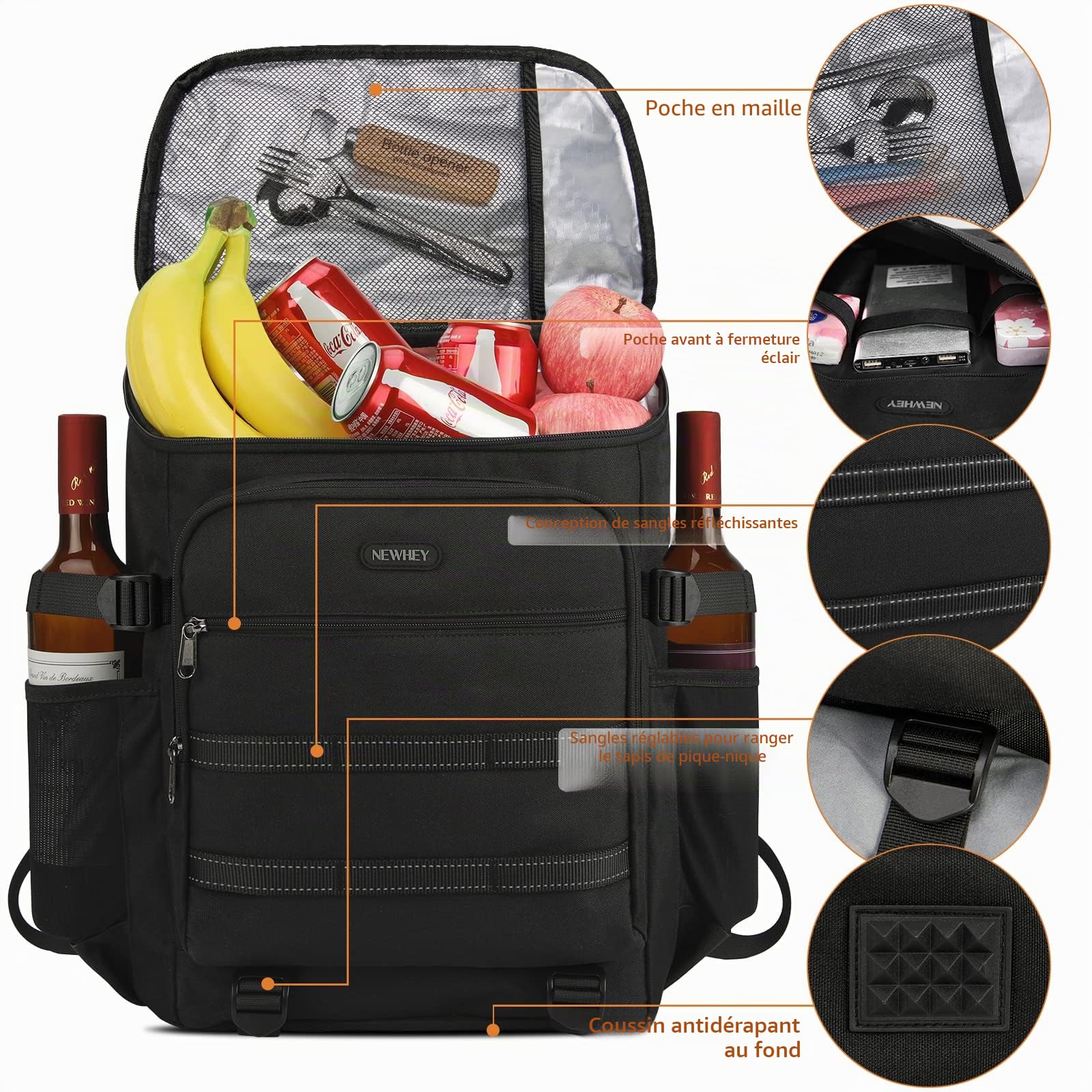 NEWHEY 30L Sac à Dos Isotherme Étanche Glacière Grand Sac à Dos de Pique-Nique Alimentaire Léger Déjeuner Camping BBQ Randonnée Noir