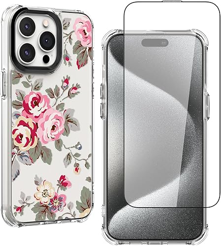 Feitenn Funda para iPhone 15 Pro Max, policarbonato transparente + TPU suave a prueba de golpes, diseño de flores Beatuy Design Case con protector