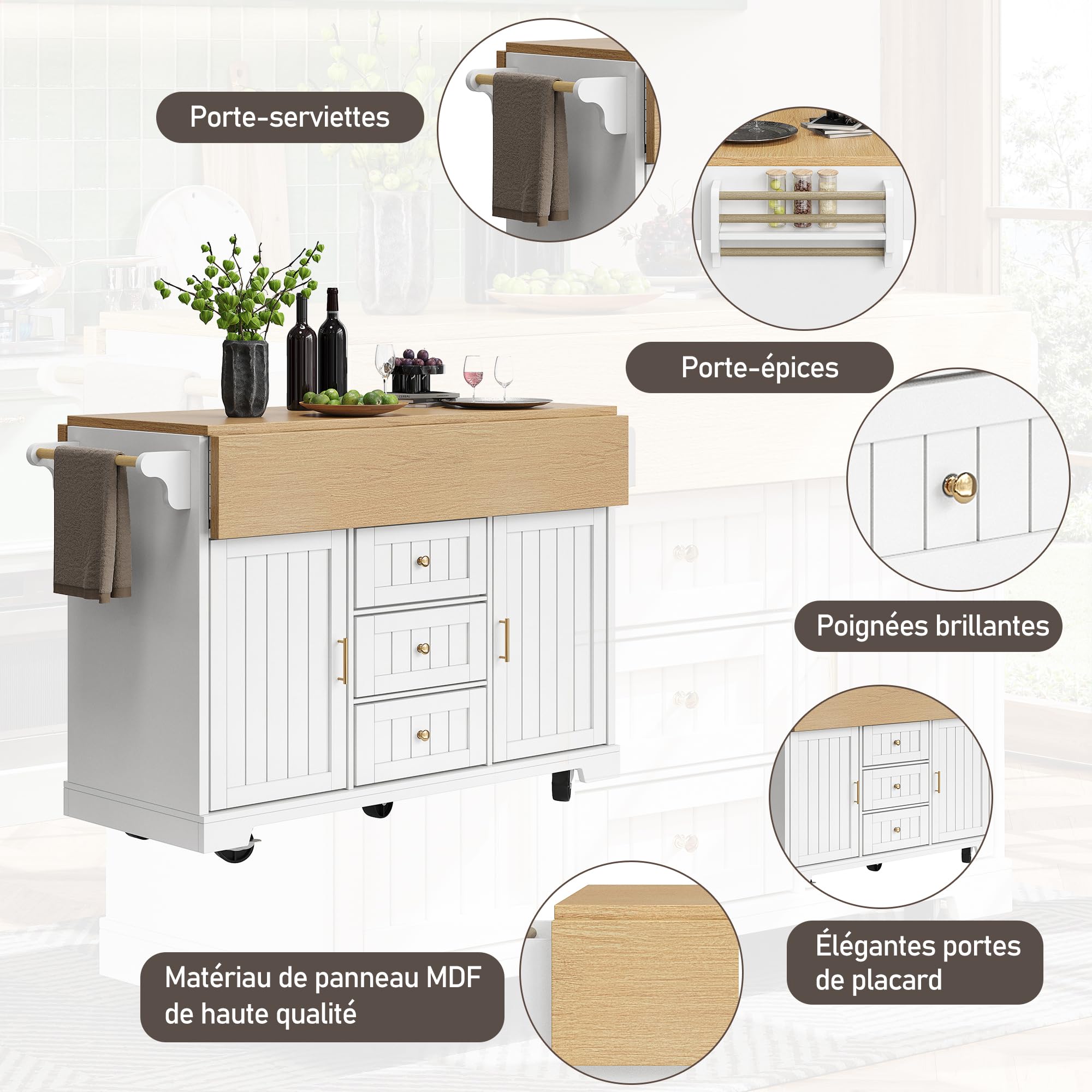 Sapgaks Îlot de Cuisine,Meuble,Buffet 120 x 40 (80) x 95 cm,Chariot de Cuisine Extensible à roulettes, Extensible des Deux côtés, avec Porte-Serviettes et étagère à épices,Trois tiroirs,(Blanc-4)