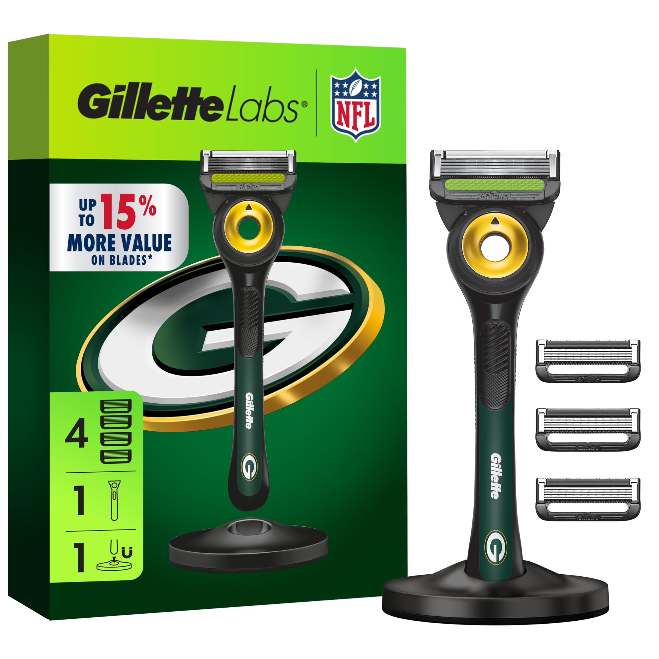 Gillette Labs Special NFL Packers Edition Shaving Razor for Men - 1 Handle, 4 Razor Blade Refills & Magnetic Stand, GilletteLabs with Exfoliating Bar