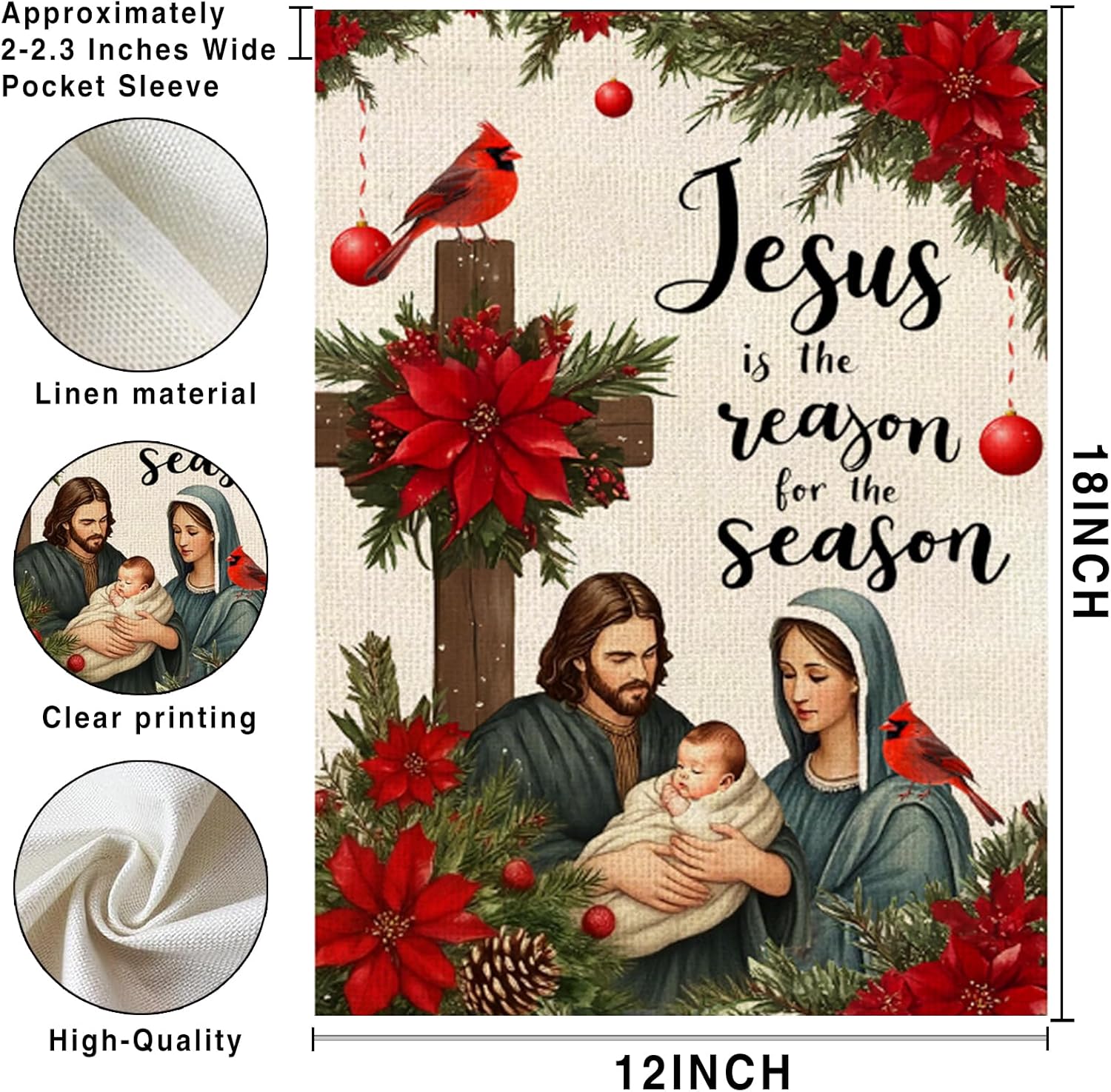 Jesus Is The Reason For The Season Garden Flag 12×18 Inch Double Sided Jesus Christian Winter Cardinals Garden Flags Yard Flags Lawn Decor Holiday Outdoor House Decoration - Image 2