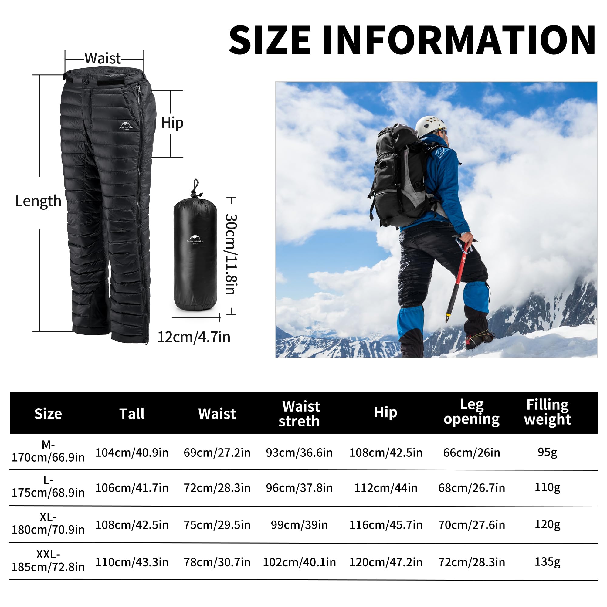 Naturehike Spodnie Zimowe Męskie Ciepłe Ultralekkie Damskie Spodnie śniegowe Podwójny Boczny Zamek Błyskawiczny Outdoor/camping Wodoodporny Gęsi Puch