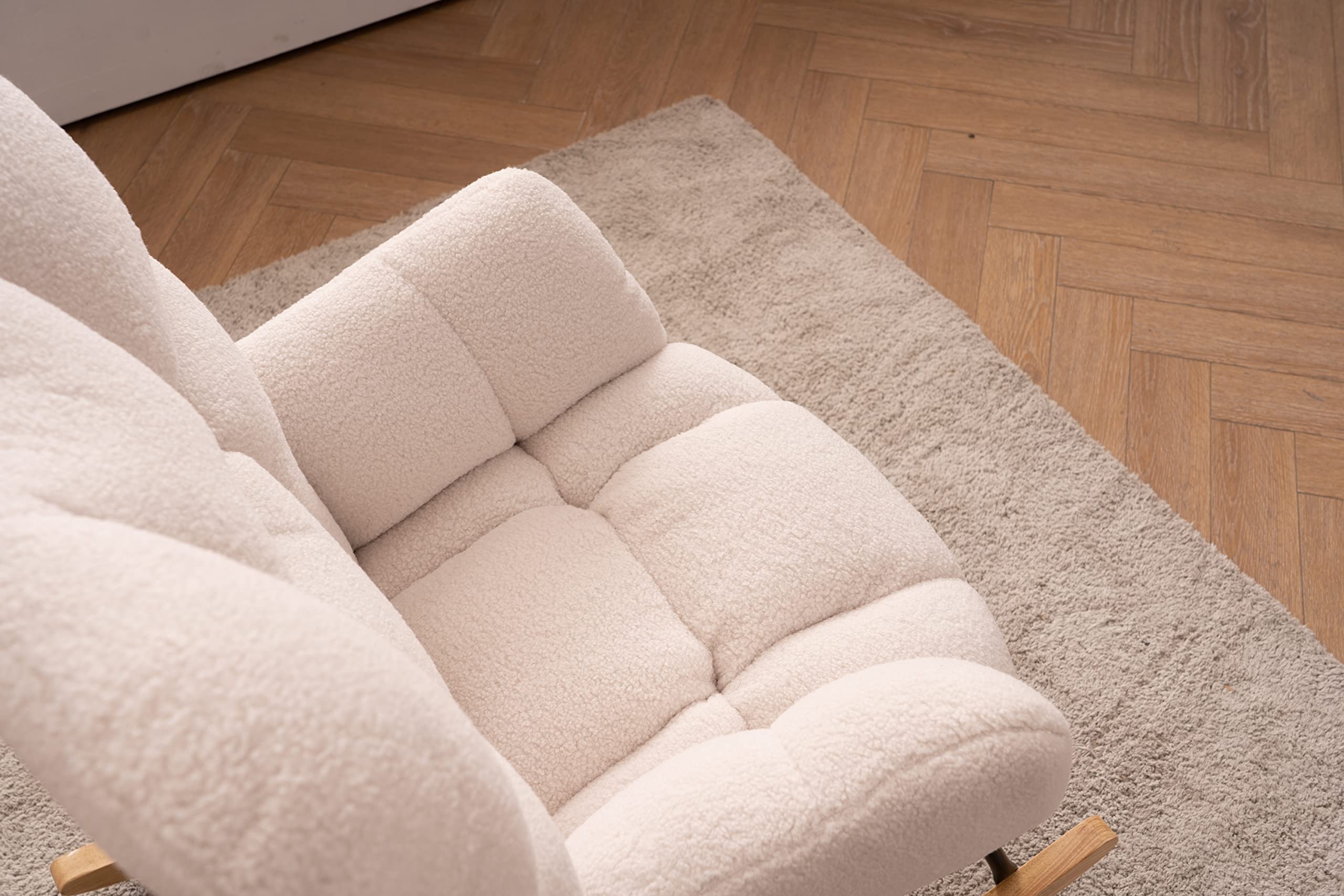 ZYLOYAL10 Mid Century nowoczesny pluszowy materiał pikowany tapicerowany fotel bujany wyściełane siedzisko do salonu sypialni przedszkola (biały miś)
