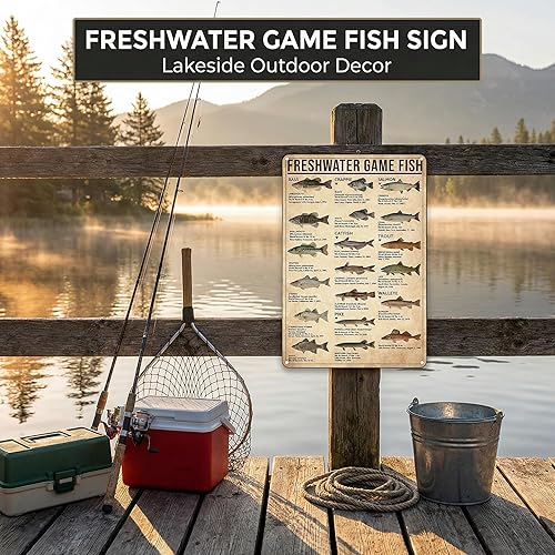 Miniatura 5 de Letrero de estaño vintage Regalo para niños amantes de la pesca Conocimientos sobre peces de agua dulce para la cueva del hombre, habitación de los