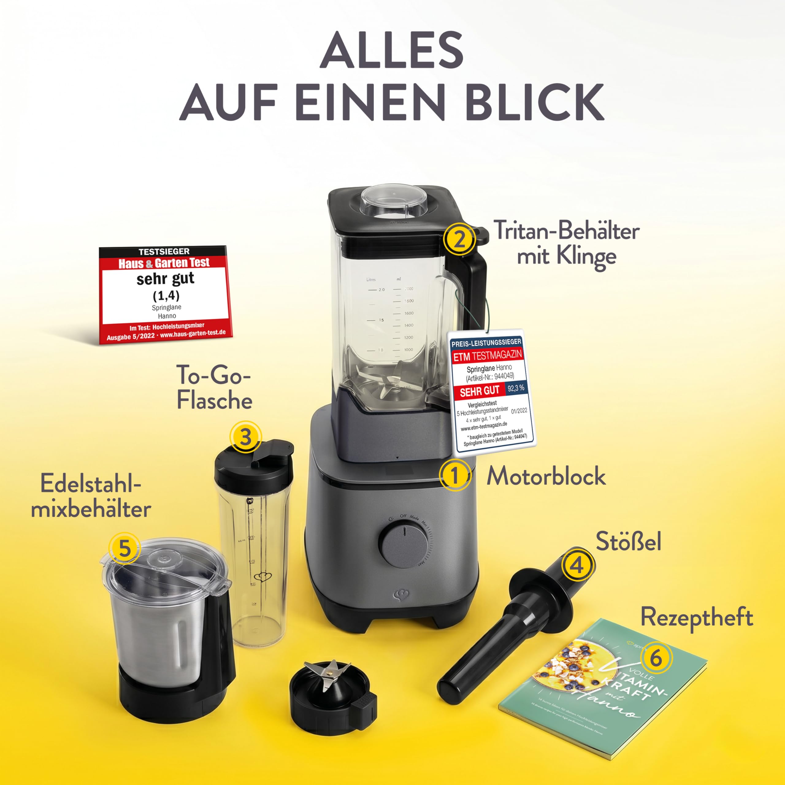 SPRINGLANE Hochleistungsmixer Hanno 2000 W, 32.000 U/min, 4 Programme, Selbstreinigungsfunktion, Standmixer mit 2,5 L Tritan-Behälter ohne BPA, inkl. Edelstahlmixbehälter & To-Go-Mixflasche