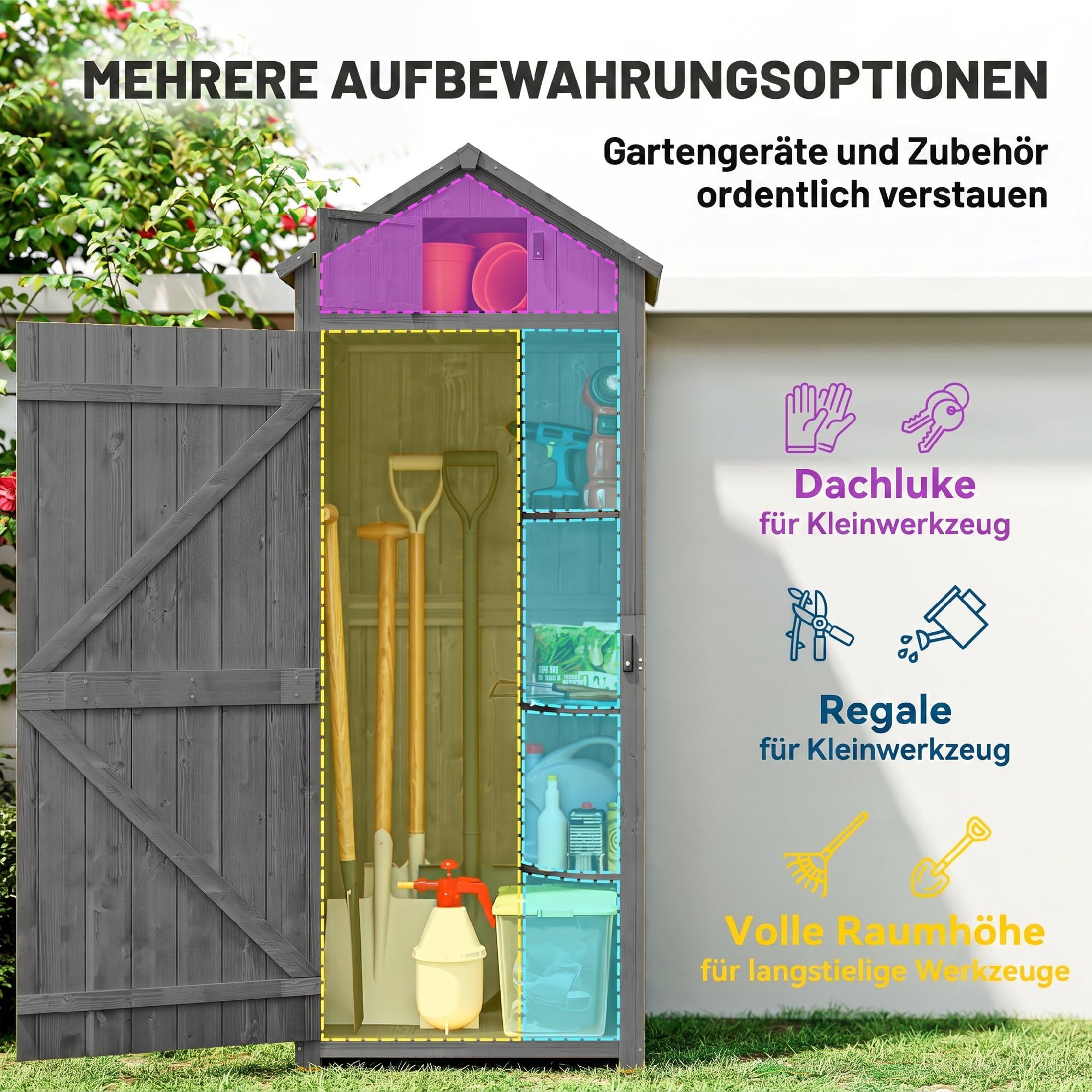Outsunny Gartenschrank Holz, Geräteschuppen wetterfest 77x54,2x179cm, Gerätehaus mit Tür, Satteldach, Geräteschrank mit Böden, Werkzeugschrank Gartenschuppen für Garten, Terrasse, Grau+Grün