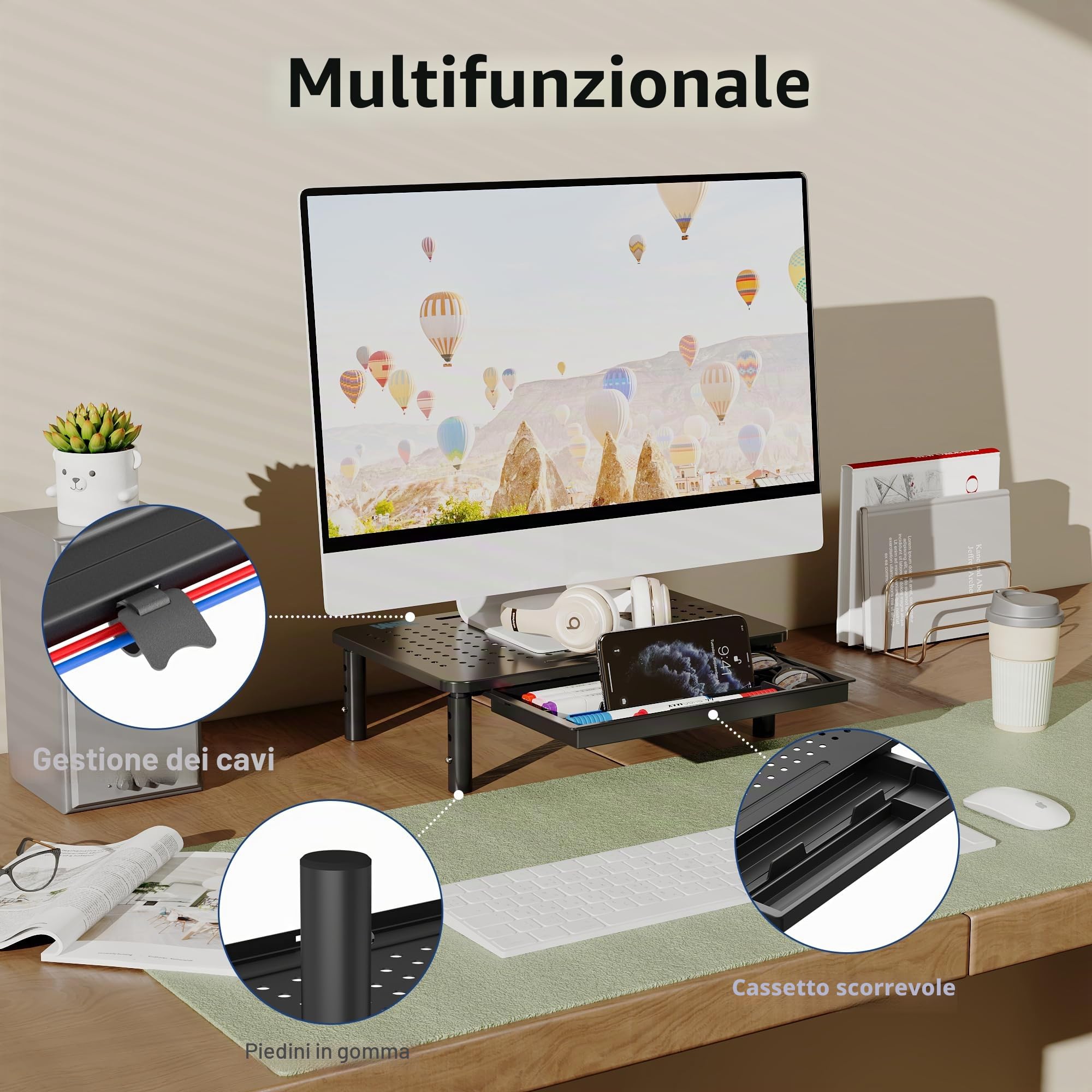 BONTEC Supporto per Monitor con Cassetto con Piattaforma a Rete per Laptop, Computer, iMac, PC, Fino a 20KG