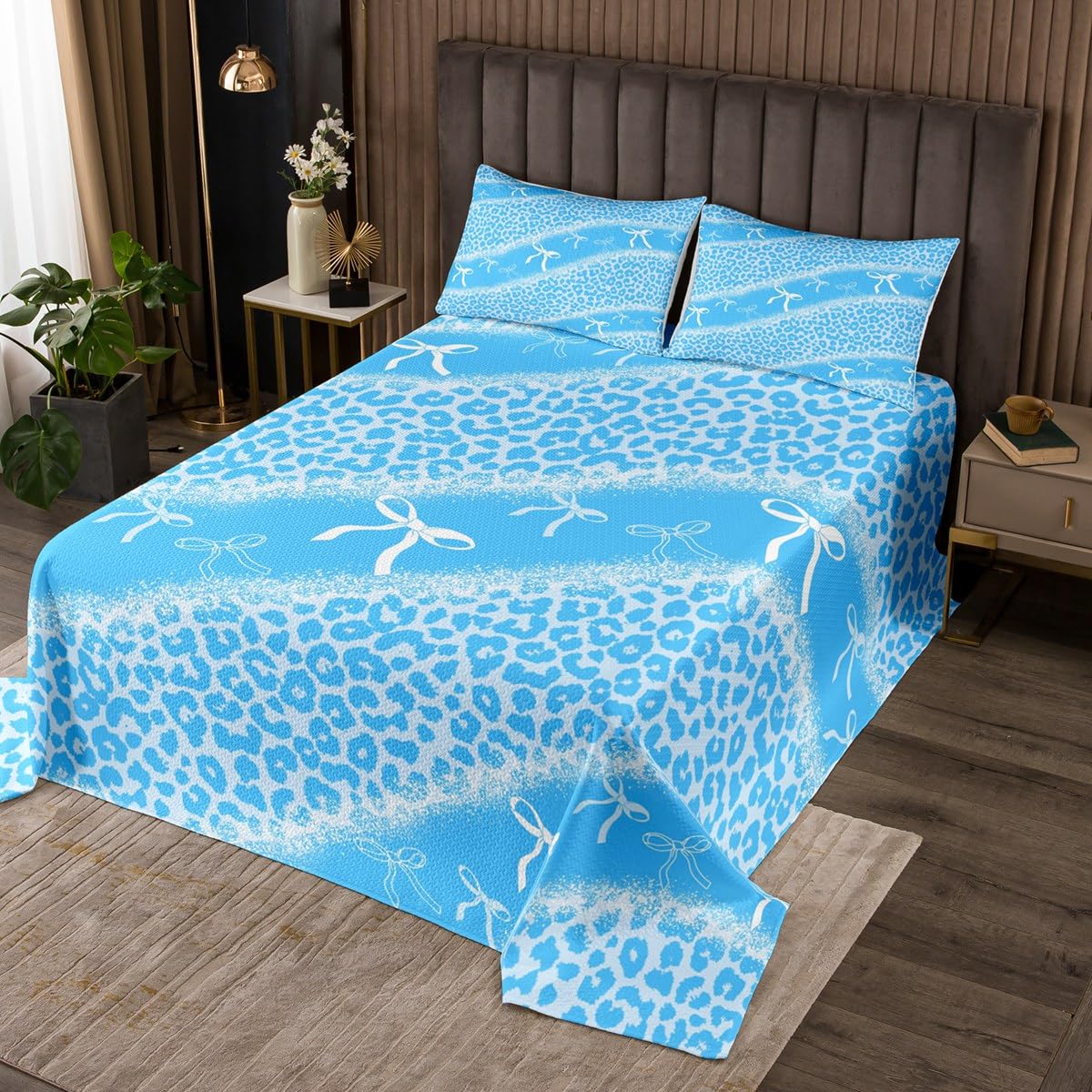 Erosebridal Blue Leopard Print Coverlet Set,Kawaii Bow Quilt Set Twin Size for Kids Boys Girls,Farmhouse Animal Skin Bedspread Set,Princess Style Bed Cover Bedroom Decor