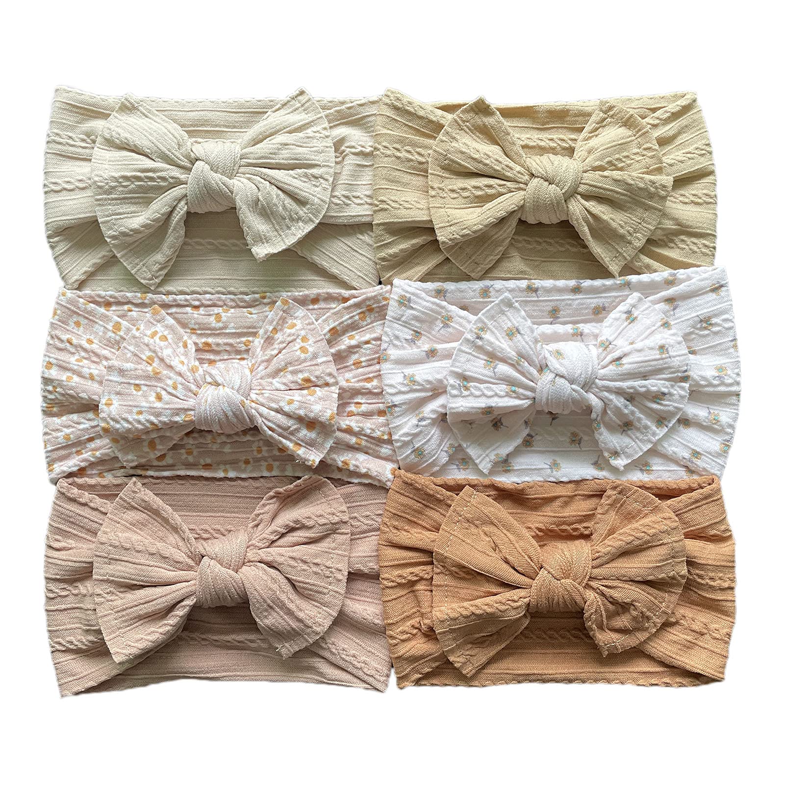 6 Pcs Soft Cable Knit Baby Nylon Headbands,Top Knot Wide Nylon Turban Head Wraps Kids Girls Hair Bows (Set2)