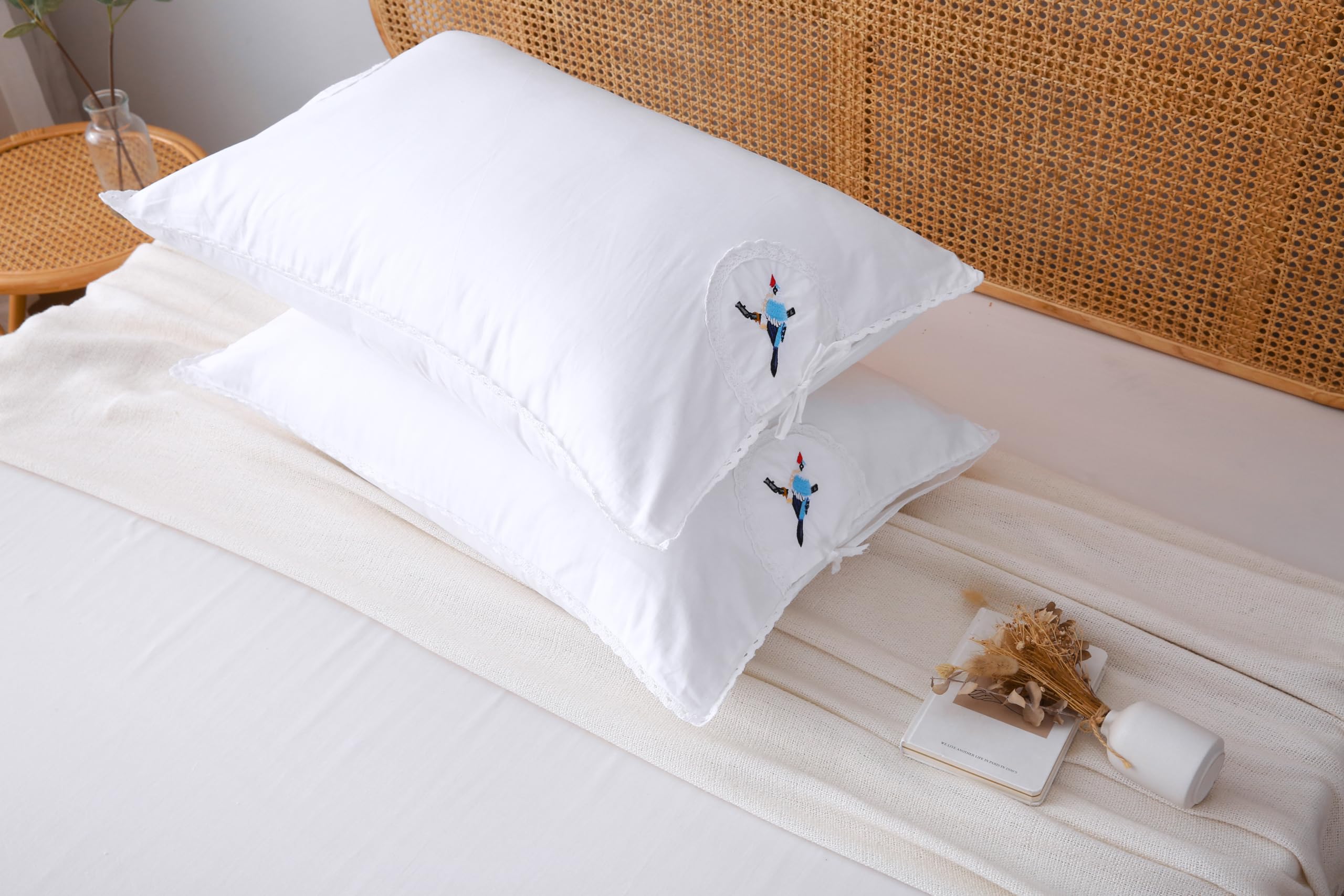 White Embroidery Pillowcases Bird Pillow Shams with lace 100% Cotton 2-Pack Queen Size 30