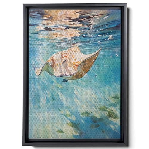 Nautical Print on Canvas for Wall Decor, Ocean Fish Manta Ray Canvas Wall Art, Beach Print for Wall Hang, Turquoise Coastal Pictures Wall Decor,