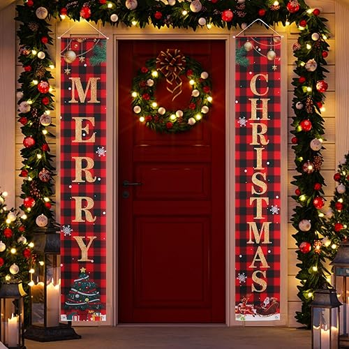 2 carteles de Navidad para porche delantero, pancarta de Navidad a cuadros rojos y negros, letreros de puerta de Navidad, decoraciones de Navidad
