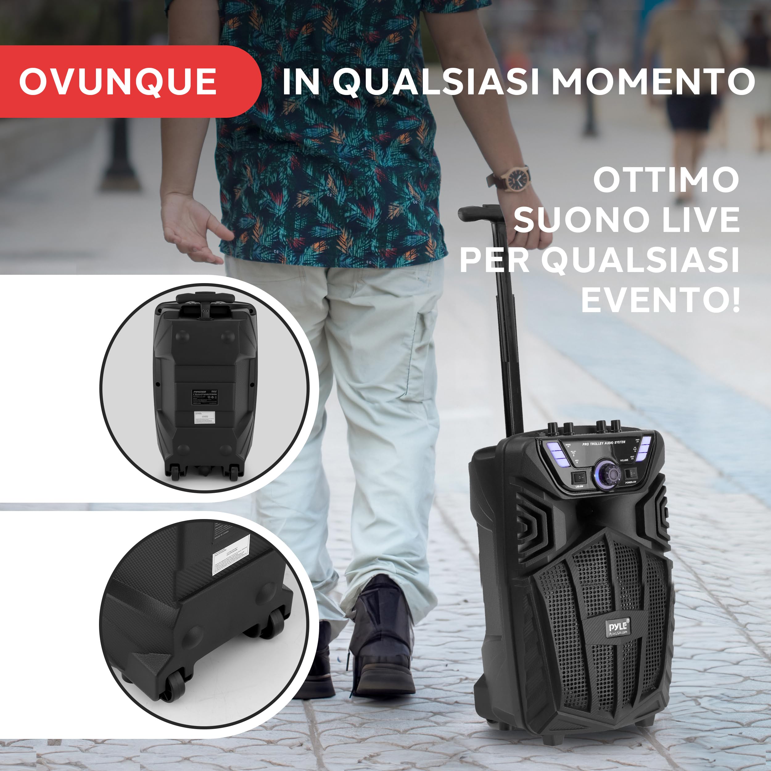 Pyle Cassa Bluetooth Portatile 480W Altoparlante Bluetooth 20,3 cm con Microfono Wireless, Ruote, TWS, Luci LED, Display, Ingressi 6,35 mm, FM/AUX/MP3/USB/SD