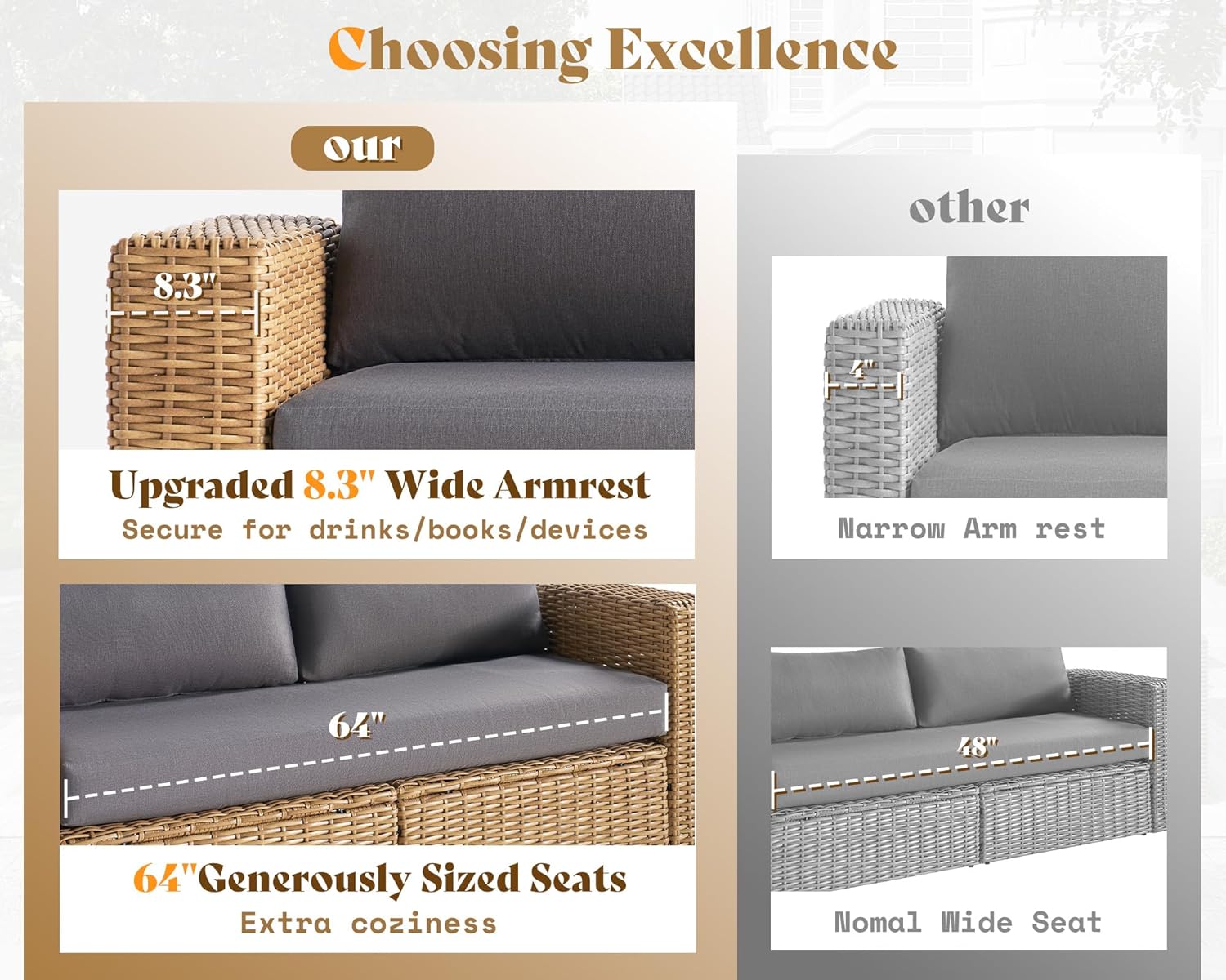 AMERLIFE 6-Piece Patio Sofa Set with Convertible Coffee Table - 8.3" Wide Armrests, UV-Resistant PE Rattan Outdoor Conversation Set for Balcony/Poolside, Waterproof Grey Cushions, Heavy-Duty Wicker
