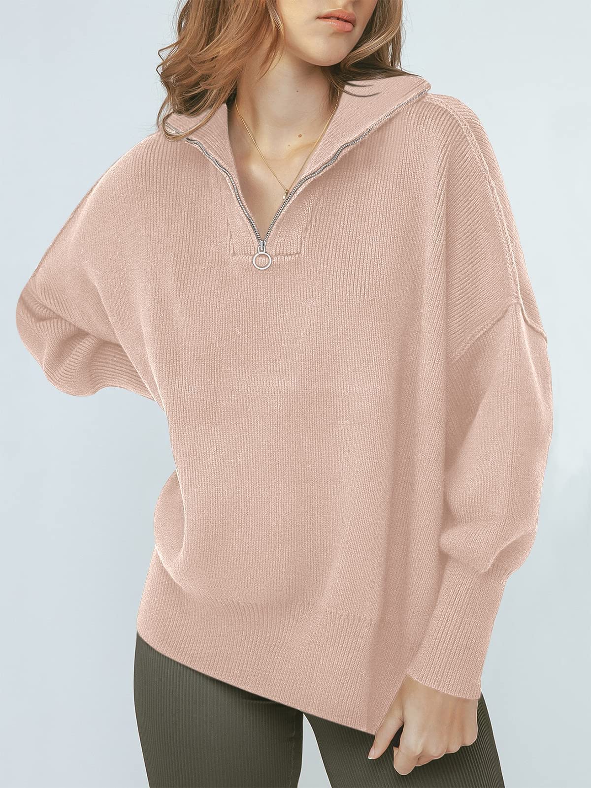 Suéter de Las Mujeres Slouchy Sudadera de Manga Larga suéter con Dobladillo Dividido y 1/4 de Cremallera de Cuello de caída del Hombro (Pink x)