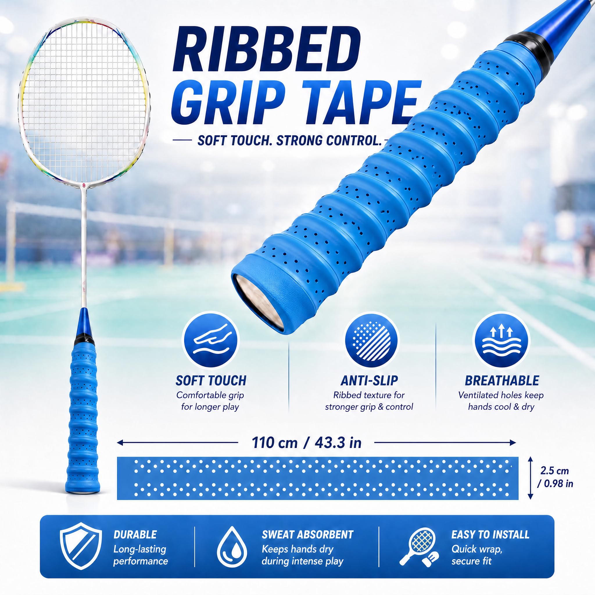 Lot de 4 bandes de préhension de badminton autocollantes en polyuréthane absorbant la transpiration, antidérapant et absorbant les chocs, pour raquettes de badminton, tennis et squash, 110 x 2,5 x 0,7