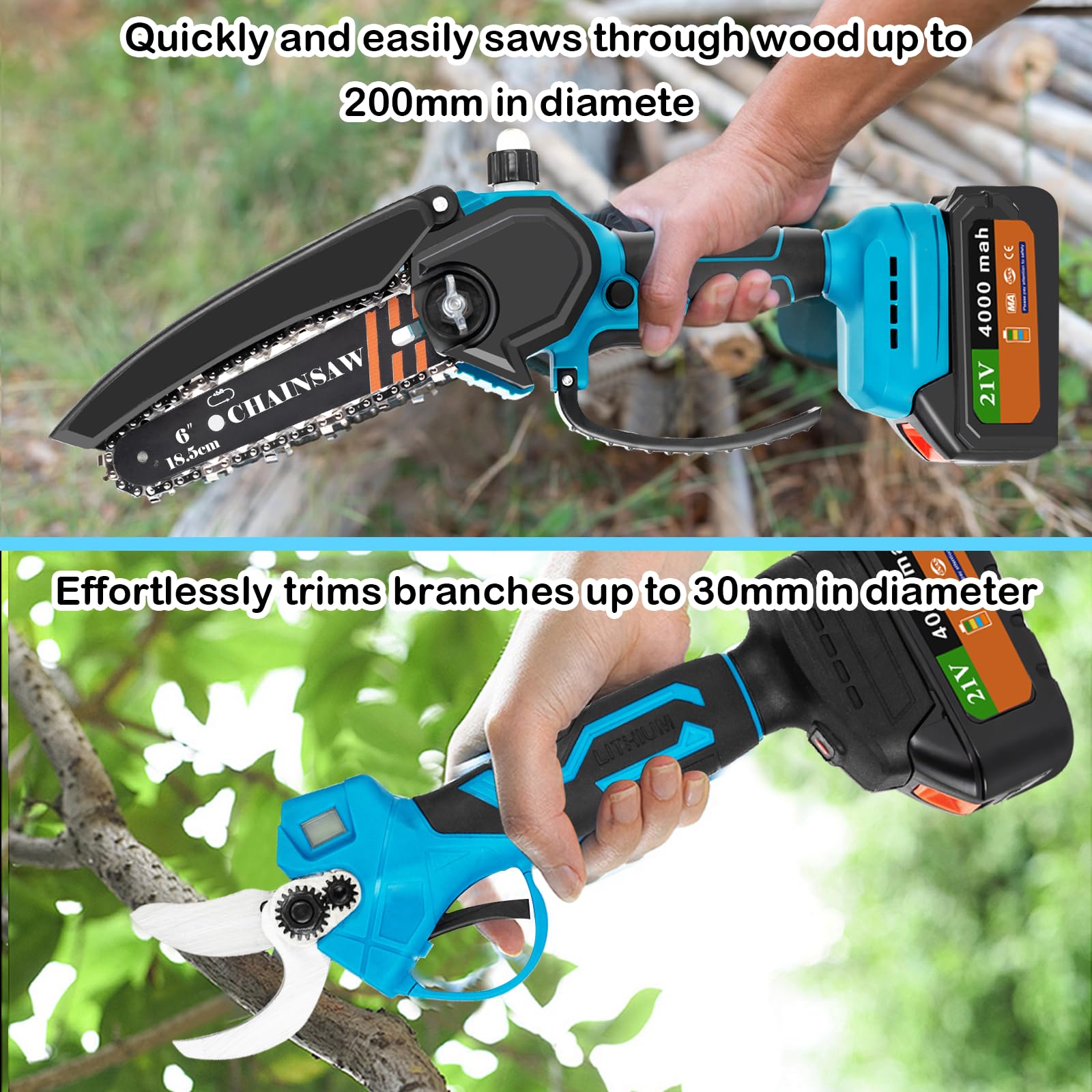 Juego de jardín 4 en 1 con batería de cortasetos telescópica de 3 cm, motosierra de 6 pulgadas, podadora y accesorios, batería de 21 V, barra telescópica de 2,6 m, 2 x 4000 mAh de litio