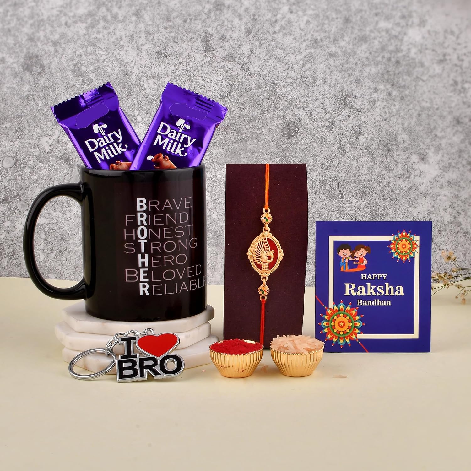 pride store rakhi for brother with pack of cadbury 2 dairy milk chocolate with 1 mug, 1 rakhi, 1 keychain 1 roli chawal 1 greeting card rakhi for brother rakshabandhan gift for brother