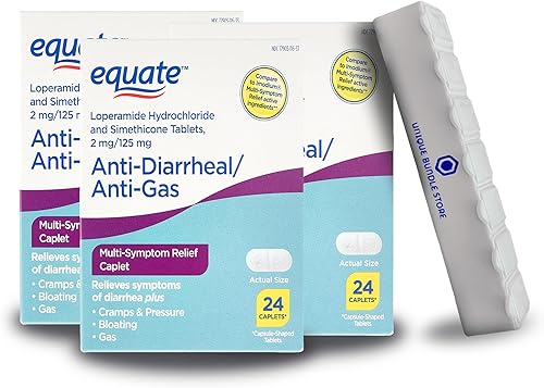 Unique Bundle Store Equate - Clorhidrato de loperamida, cápsulas de 24 unidades, alivio multisíntoma antidiarreico y antigas + organizador de