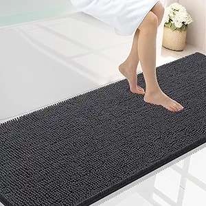 Smiry Luxury Chenille Bathroom Rugs 70x24, Extra Soft and Absorbent Shaggy Bath Mat, Machine Washable, Non-Slip Plush Carpet Runner for Tub, Shower, and Floor, Home Decor Accessories, Charcoal Grey