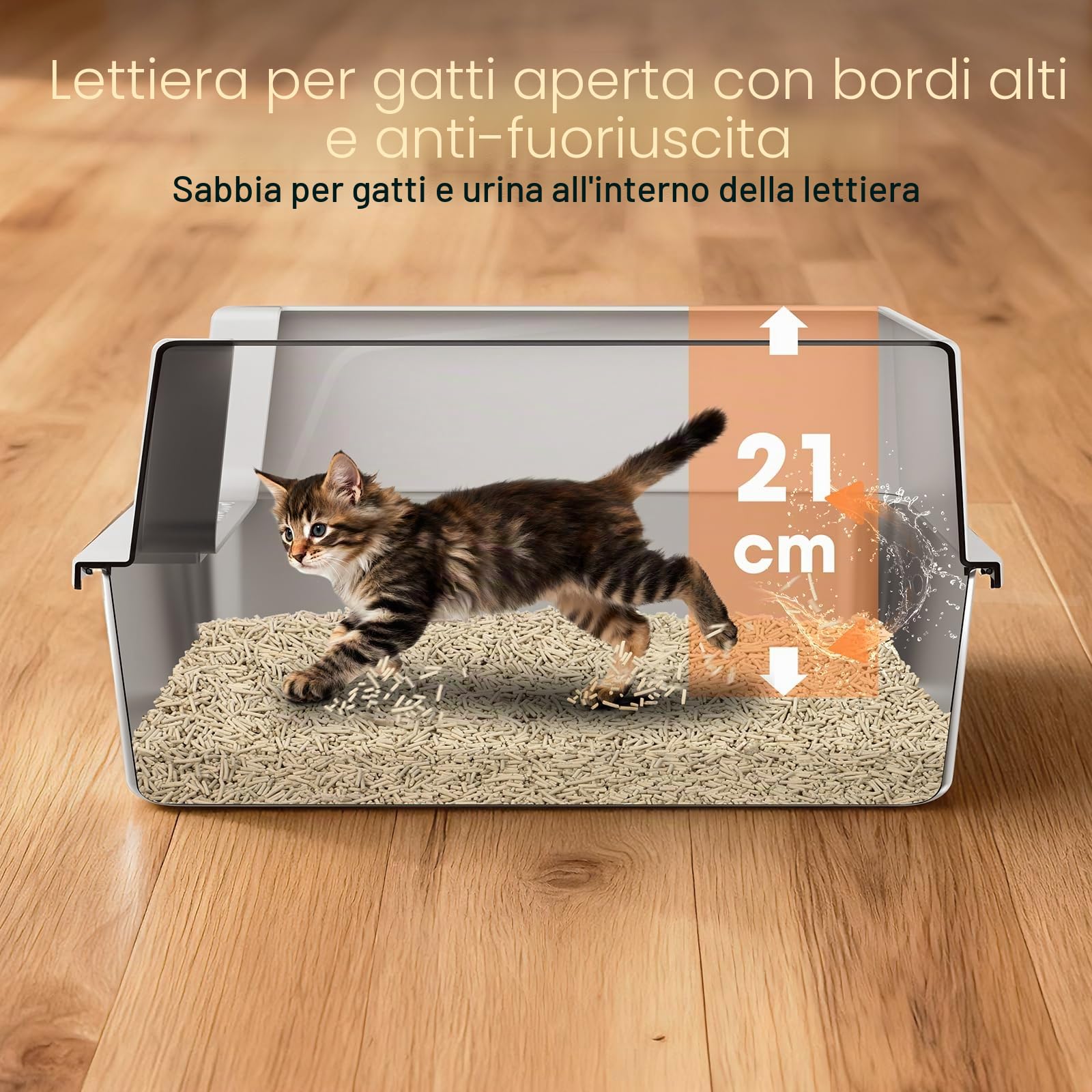MIXJOY Lettiera per gatti in acciaio inox, 18 l, piccola per gattini, design aperto, bordo alto, a prova di perdite, salvaspazio, con paletta, 44 x 34 x 21 cm
