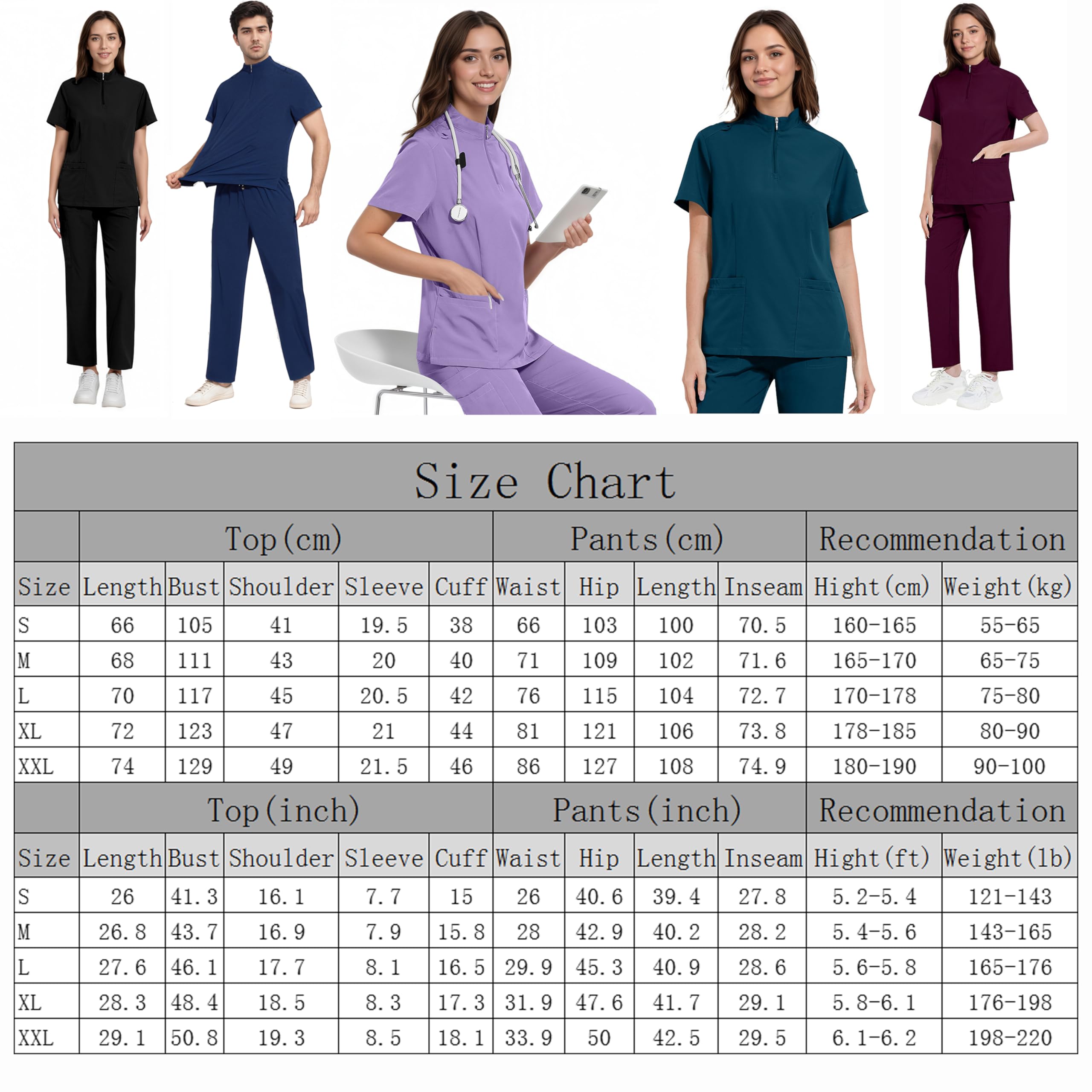 ThreeH Scrub Tops zestaw spodni dla mężczyzn i kobiet, medyczne mundury opieki zdrowotnej, stójka, top z krótkim rękawem i paskiem, spodnie joggery z wieloma kieszeniami