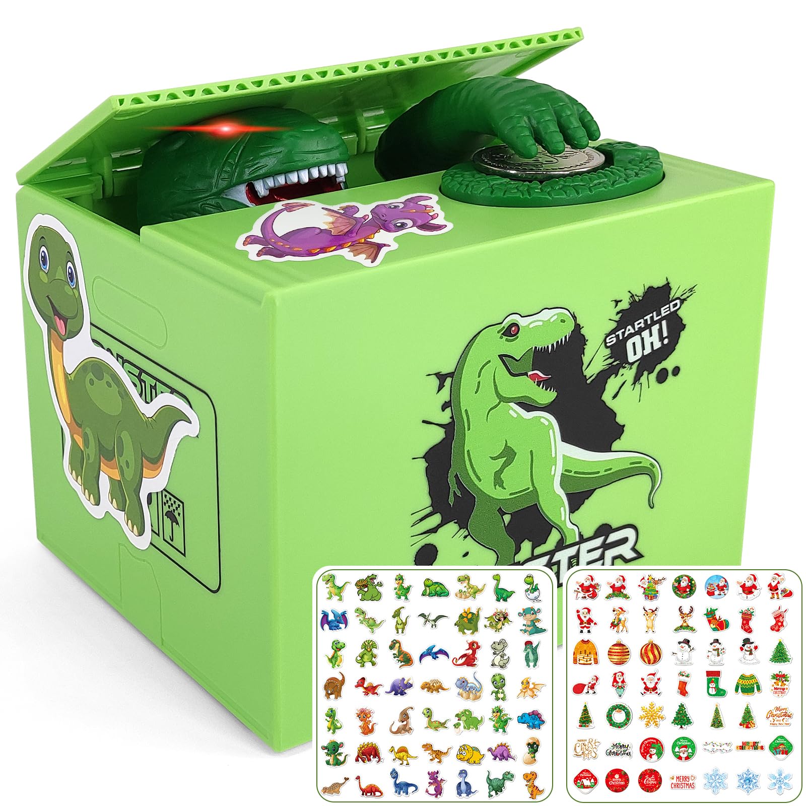 Dinosaurs Piggy Bank for Kids,Automatic Stealing Coin Bank for Money Saving,Funny Savings Box for Kids Boys Girls Age 3 4 5 6 7 8,with 2 Sets of DIY Stickers