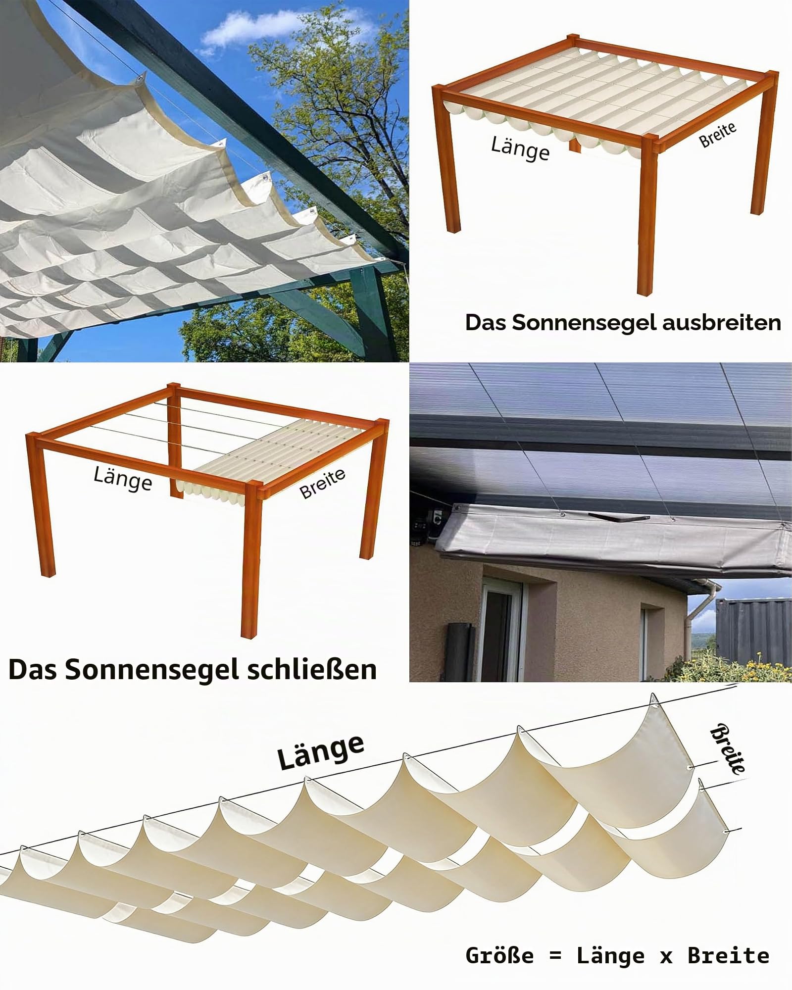 Einziehbar Welle Sonnensegel Verstellbar Markisenstoff Schattenabdeckung mit Ösen und Kordel Sonnenschutz Wasserdicht UV-beständig Outdoor Pergola Markise für Garten Terrasse 2x4M Creme