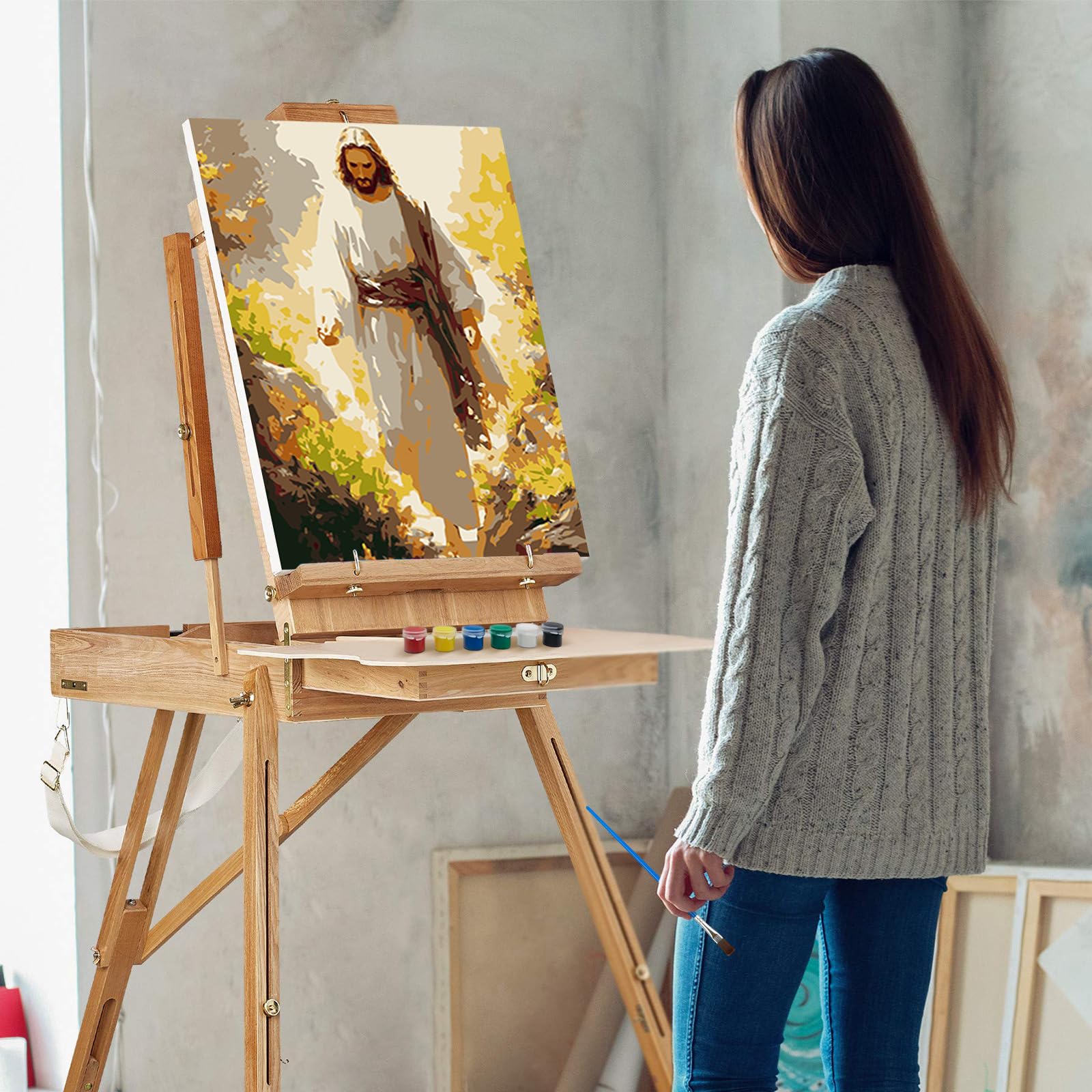 RICUVED Jesús Pintura por Números 20x30cm para Adultos y Niños con Marco de Madera -Jesús Kit Completo con Pinceles, Pinturas y Lienzo para Decoración de Pared y Regalo Creativo
