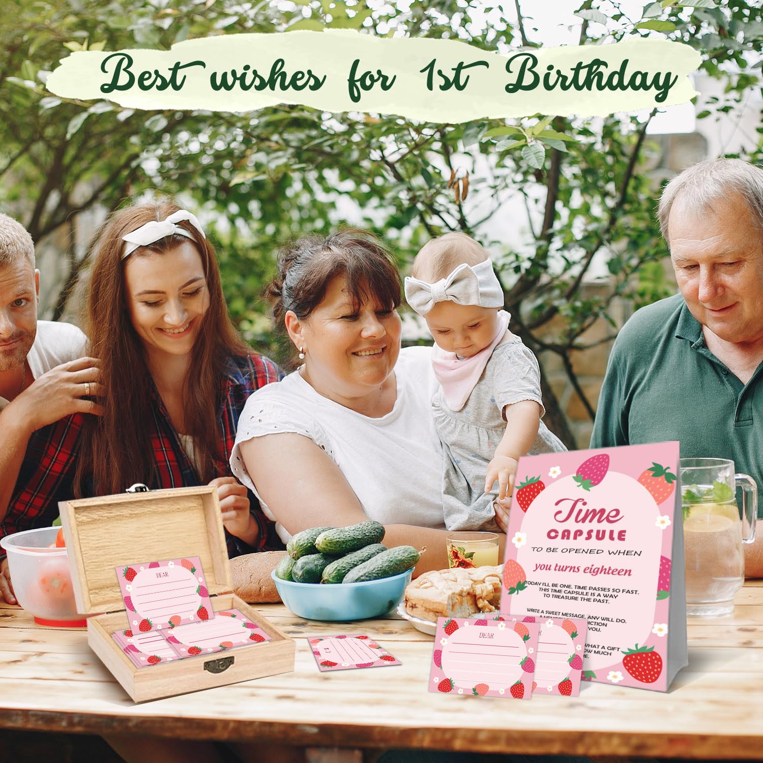 Erdbeer-Themen-Gedächtnis-Zeit-Kapsel-Box, Baby 1. Geburtstag Party Tischkarte mit 50 Karten 1 Zeitkapsel Zeichen, Baby Memorial Time Capsule Box für den ersten Geburtstag, Babyparty Zeit