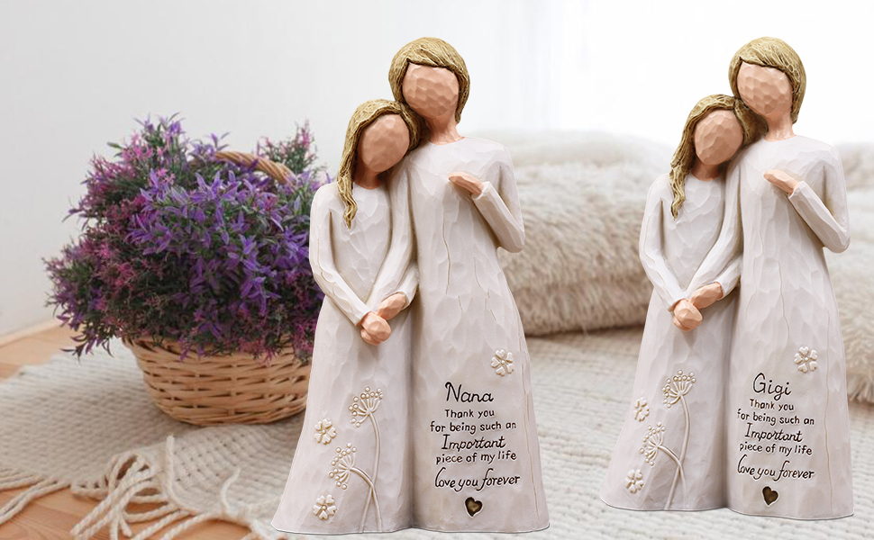Figura decorativa abrazo abuela y nieta en resina pintada miniatura 7