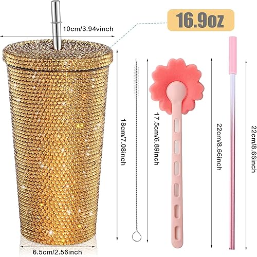Miniatura 2 de Vaso térmico con diamantes de imitación con tapa, reutilizable, aislado de acero inoxidable con diamantes de imitación de primera calidad, botella